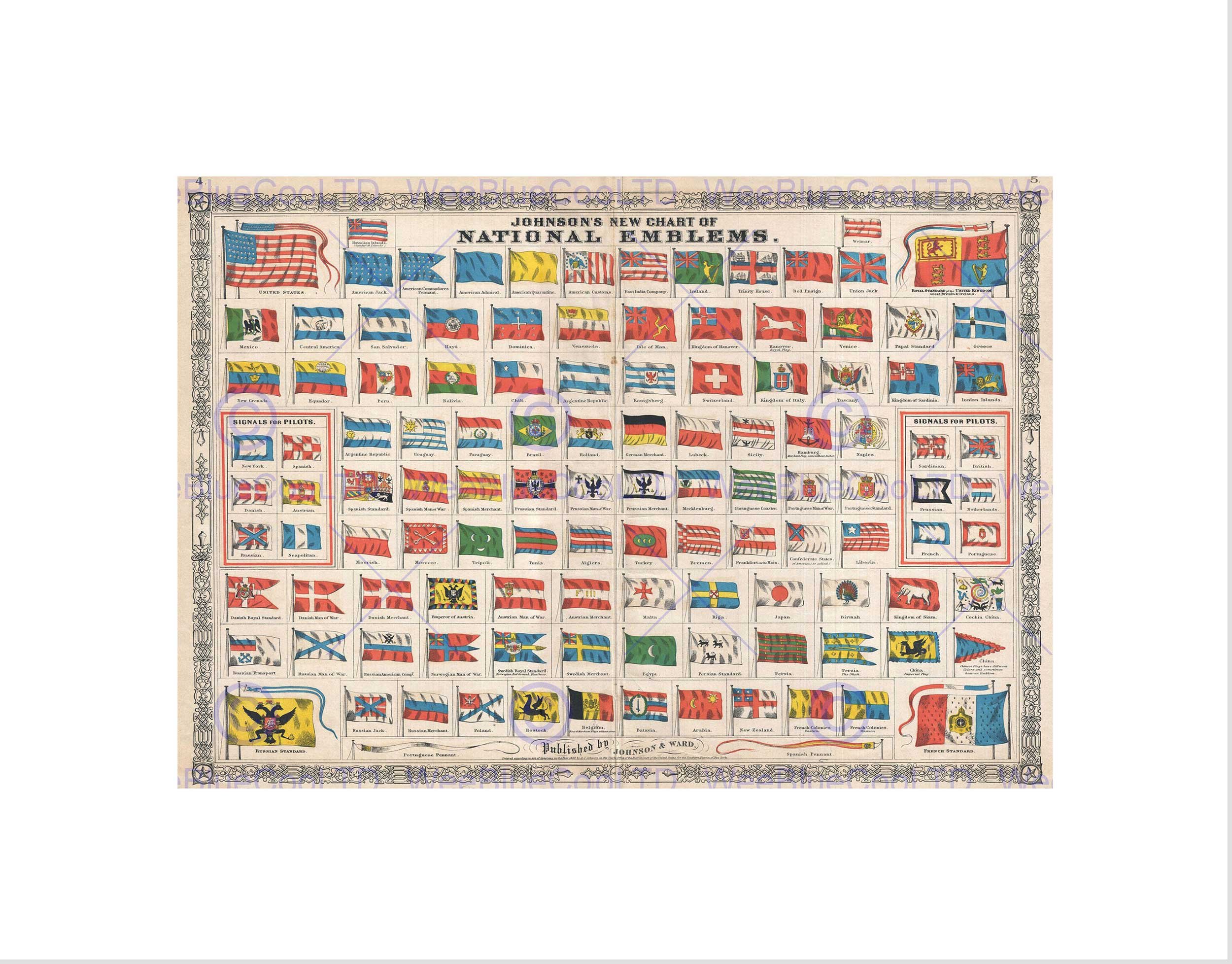 Wee Blue Coo 1864 Johnson Chart The Flags And National Emblems The World Art Wall Art Print