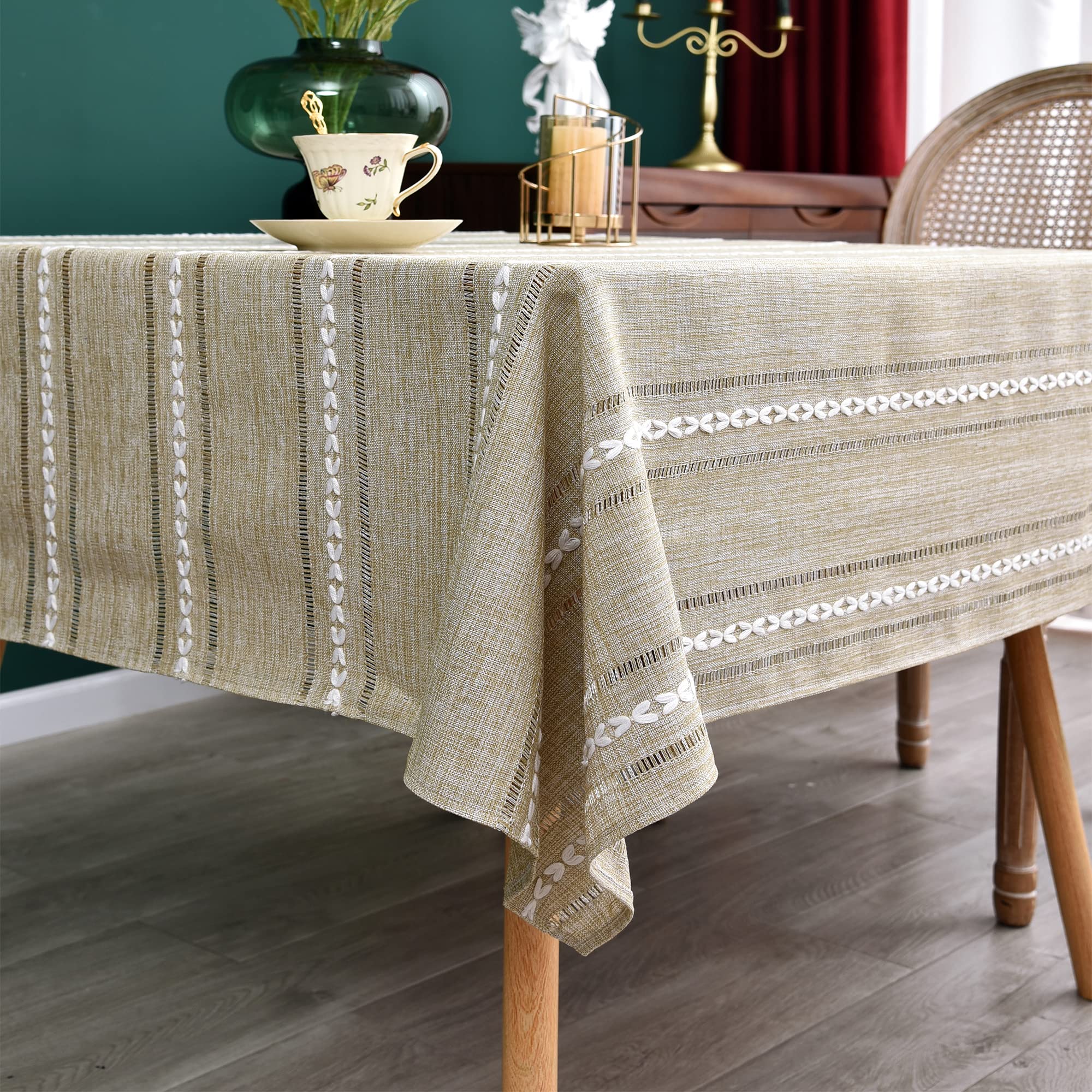 NEWISHER Rustic Farmhouse Embroidered Square Tablecloth Jacquard Striped Table Cloth Linen Texture Washable Dining Table Cover Kitchen Dining Home