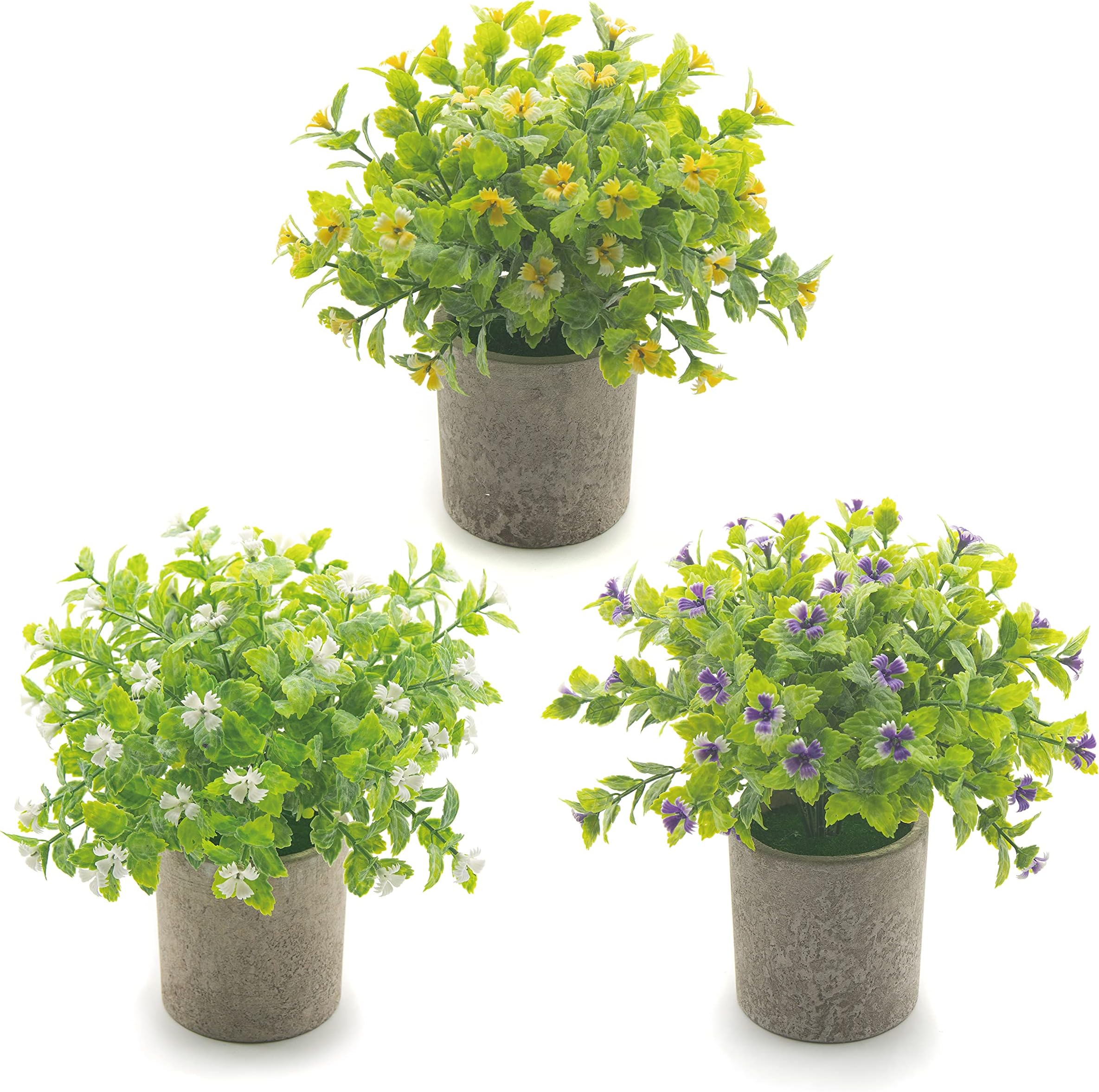 – Artificial Potted Plants with Flowers, Vivid Home Decorations, Mini Fake Plants, Potted Plants Table Décor, Office Greenery, Bathroom Knick Knack's - (Set of 3, White, Yellow, Purple)