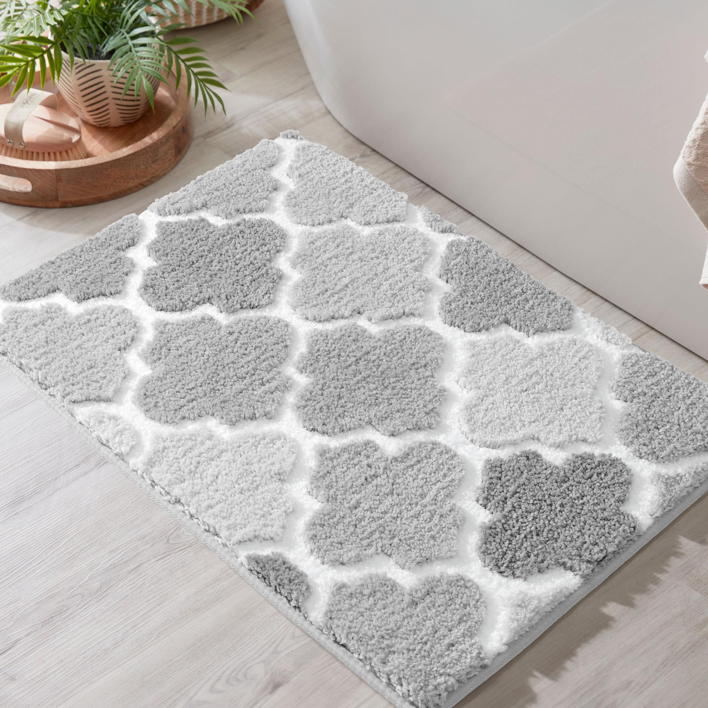 DEXDE Ultra saugfähige graue Badematte, rutschfest, kariert, zottelig, maschinenwaschbar, weicher Plüschteppich für Dusche und Badewanne, 43,2 x 61 cm