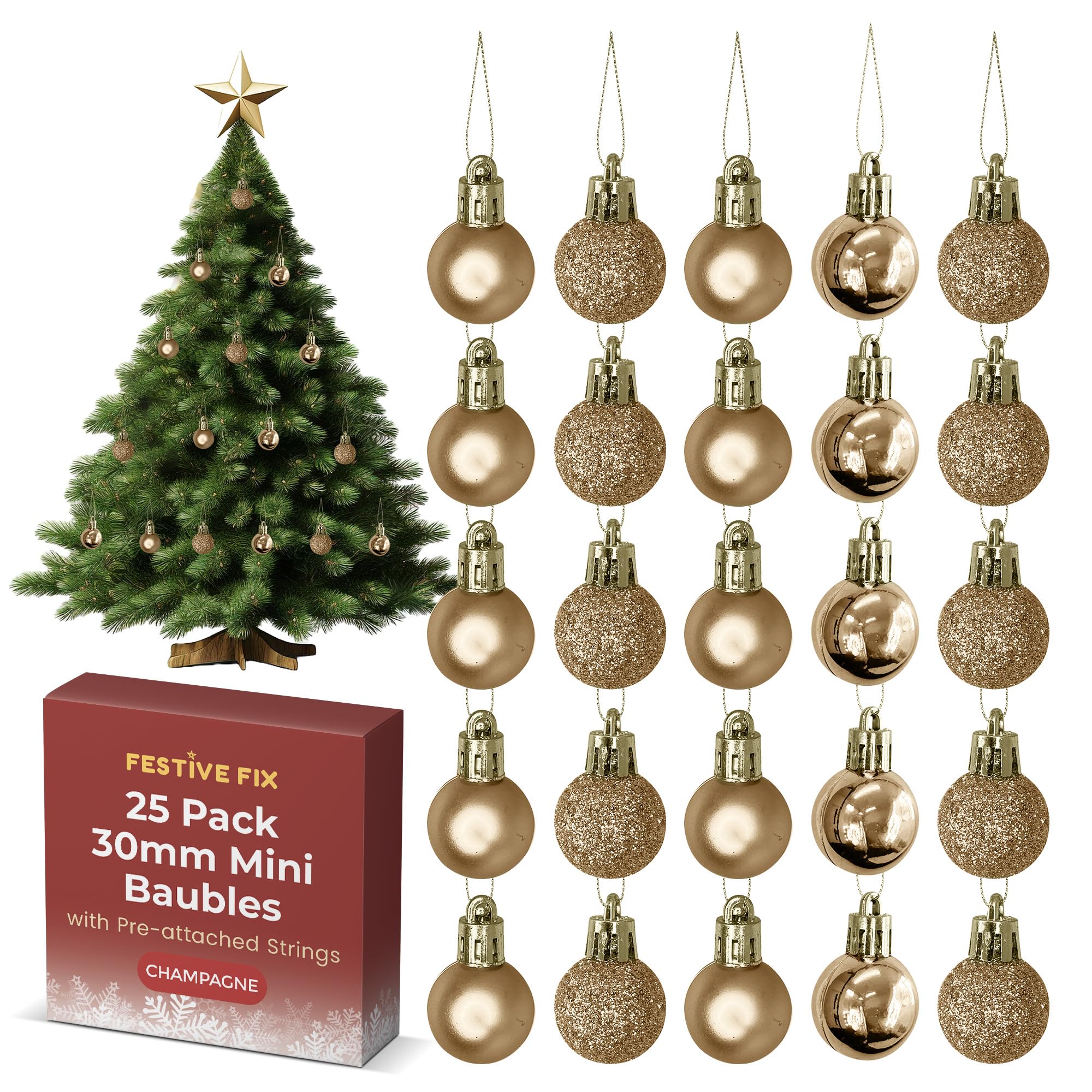 Festive Fix Champagne 25 Mini Christmas Baubles – Shatterproof, Lightweight Small Tree Decorations For Xmas, Home, Party & Festive Displays