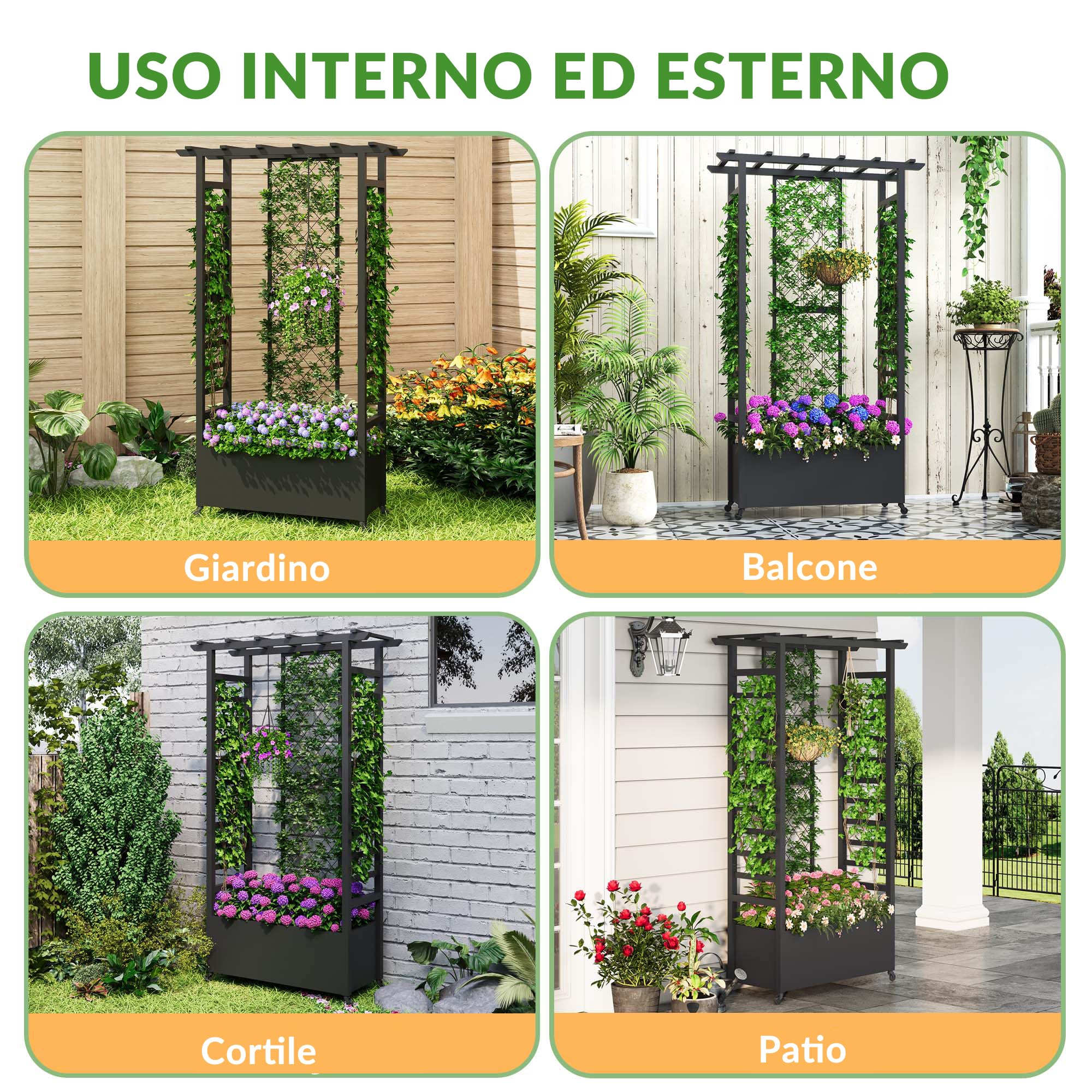 Aiuola rialzata con traliccio e tetto sospeso, fioriera in metallo indipendente con ruote, fioriera rialzata mobile per interni ed esterni per viti, piante rampicanti, fiori, per giardino, patio