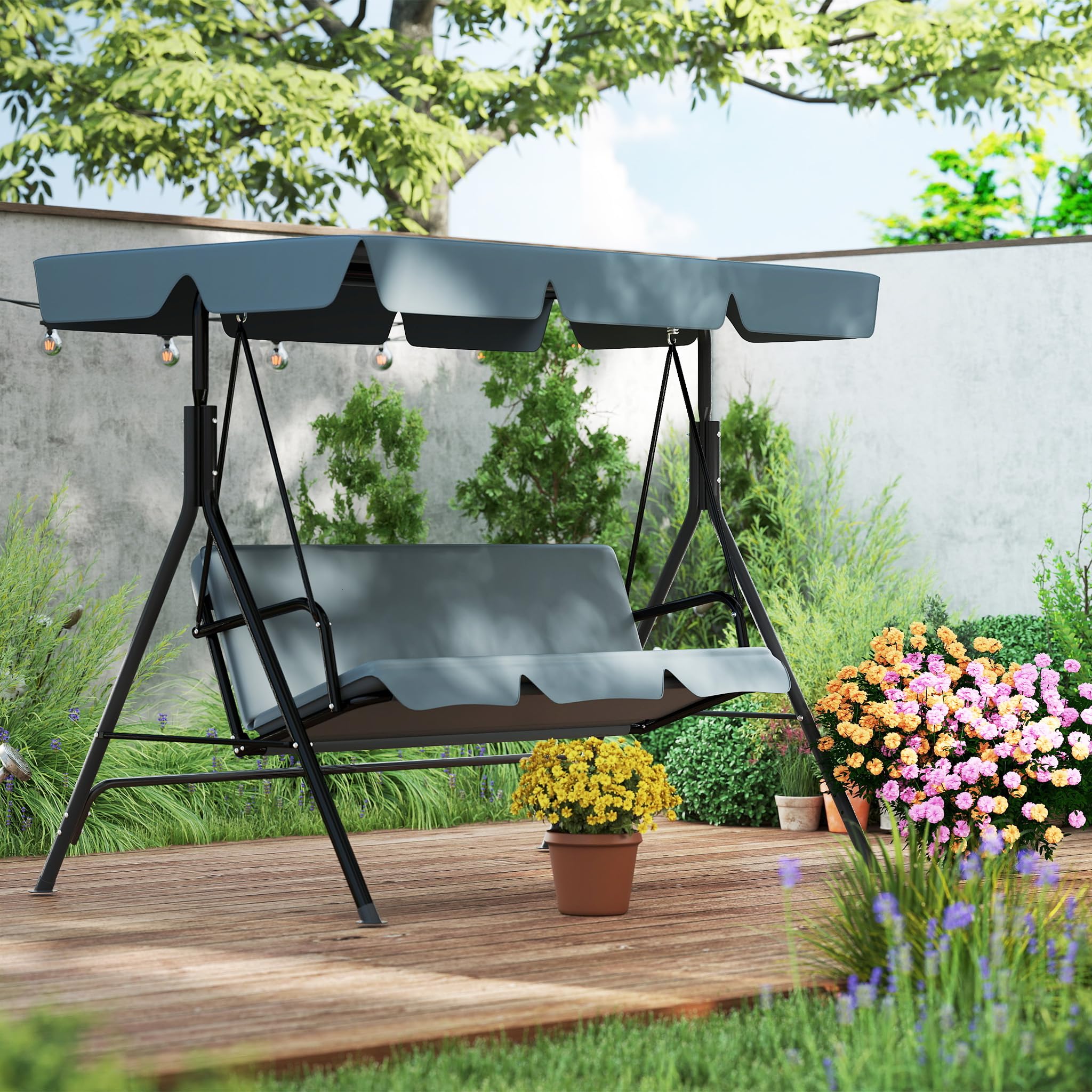 UISEBRT Balancín de jardín de 3 plazas, columpio de jardín con toldo ajustable, banco mecedora de hasta 200 kg, resistente a la intemperie, para exterior e interior, 176 x 110 x 152 cm, antracita