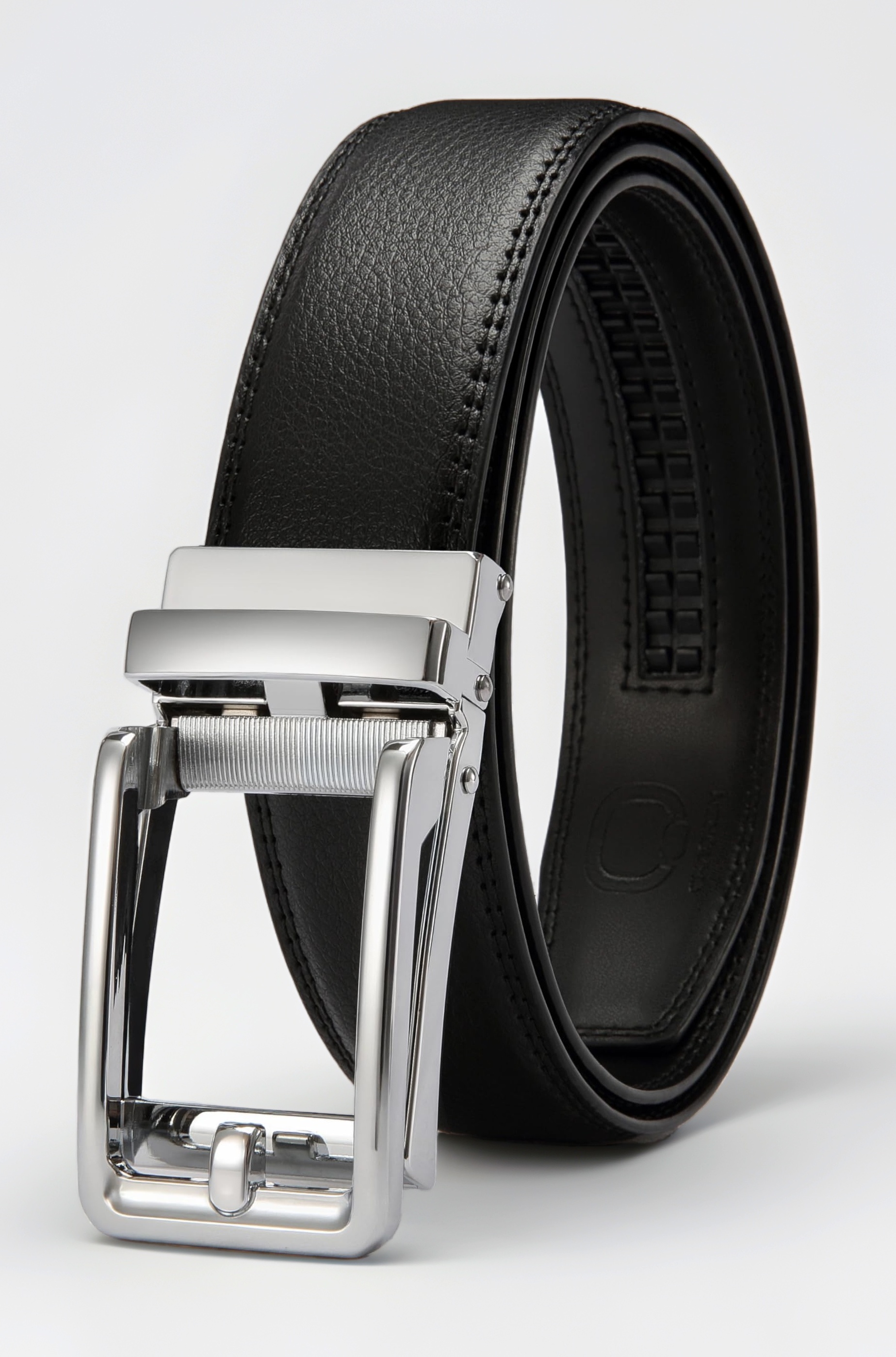 CHAOREN Belt for Men, Men's Leather Ratchet Belt Black Dress with Automatic Buckle in Gift Box, Silver Buckle W Cowhide Leather Black, 28" to 42" Waist Adjustable