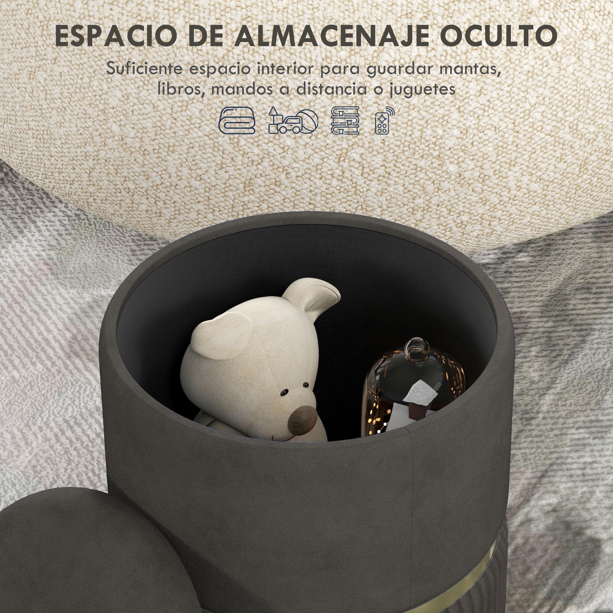 HOMCOM Baúl de Almacenaje Tapizado en Terciopelo para Dormitorio - Puff con Banco y Patas Antideslizantes - Ø36x44 cm Gris