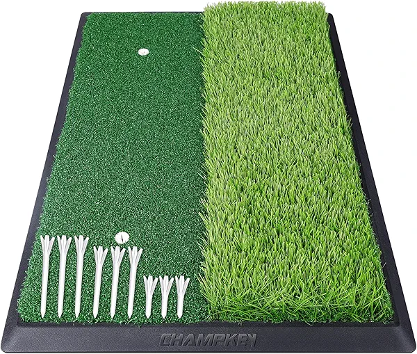 CHAMPKEY 17" x 24" High Performance Nylon Dual-Turf Golf Hitting Mat - Rubber Backing Golf Pracitce Mat - Come with 1 Rubber Tee Holder and 9 Plastic Golf Tees