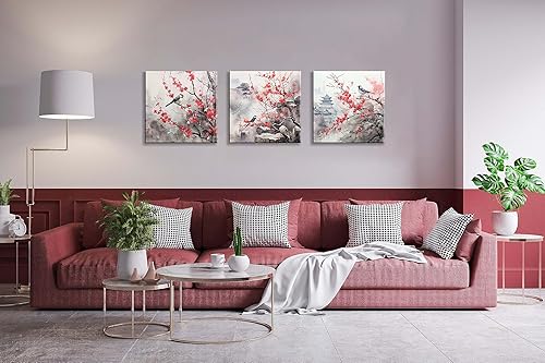 Miniatura 4 de Acuarela de estilo asiático tradicional chino arte de pared pájaro en flor de cerezo rojo, decoración de paisaje floral oriental, pintura de flores,