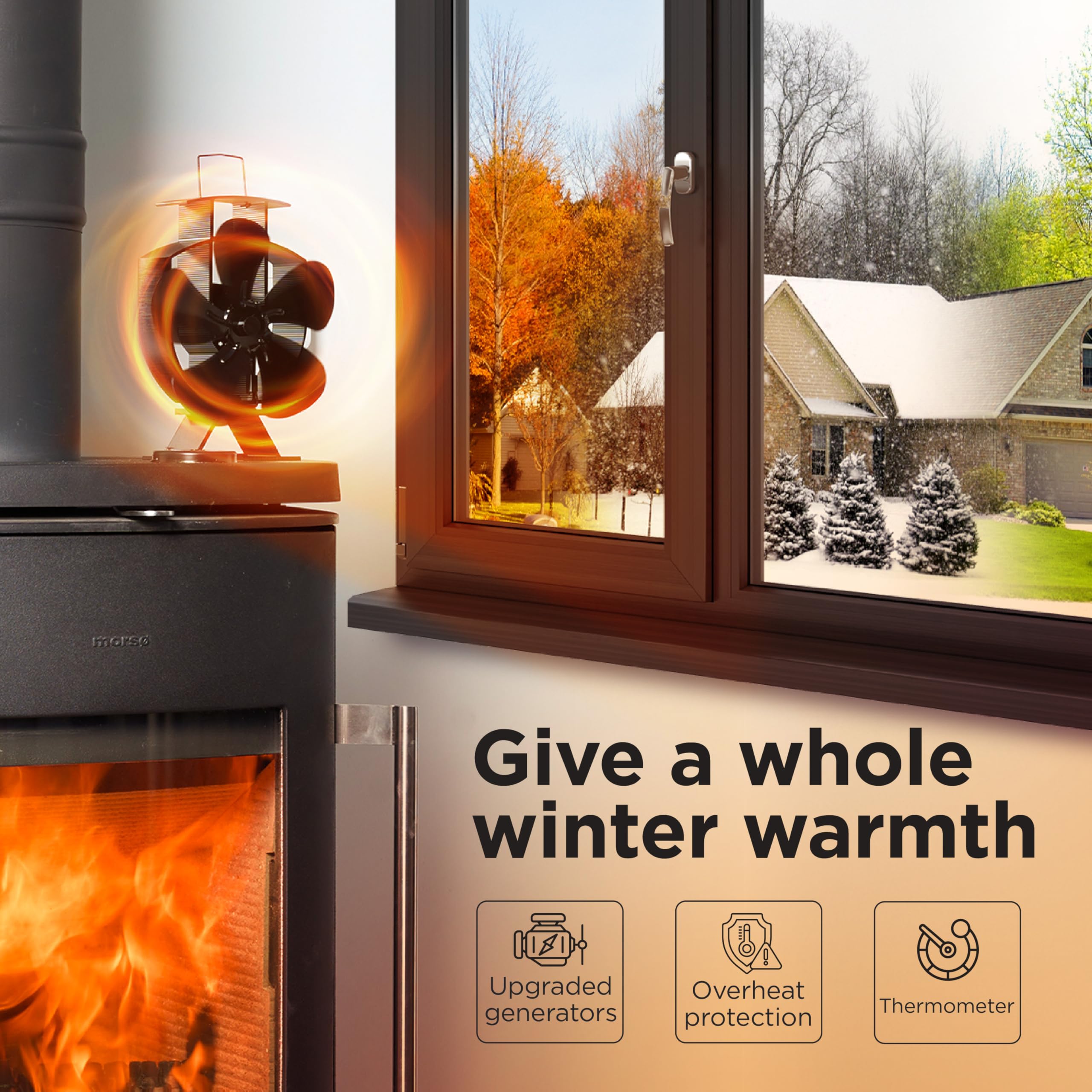 InoKraft Kaminventilator 5 Flügel Ofenventilator Ohne Strom mit Thermometer, Leiser Betrieb, Kaminöfen Wärmebetriebener Ventilator, Hitzebetrieben stove fan für Holzbrenner/Kamin, Geschenk für Eltern