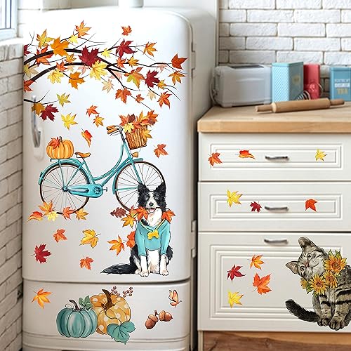 Miniatura 4 de Mfault 59 calcomanías de otoño para ventana, 9 hojas, hojas de arce, gatos, hojas de arce, calabaza, calcomanías, decoración, cachorro, gatito