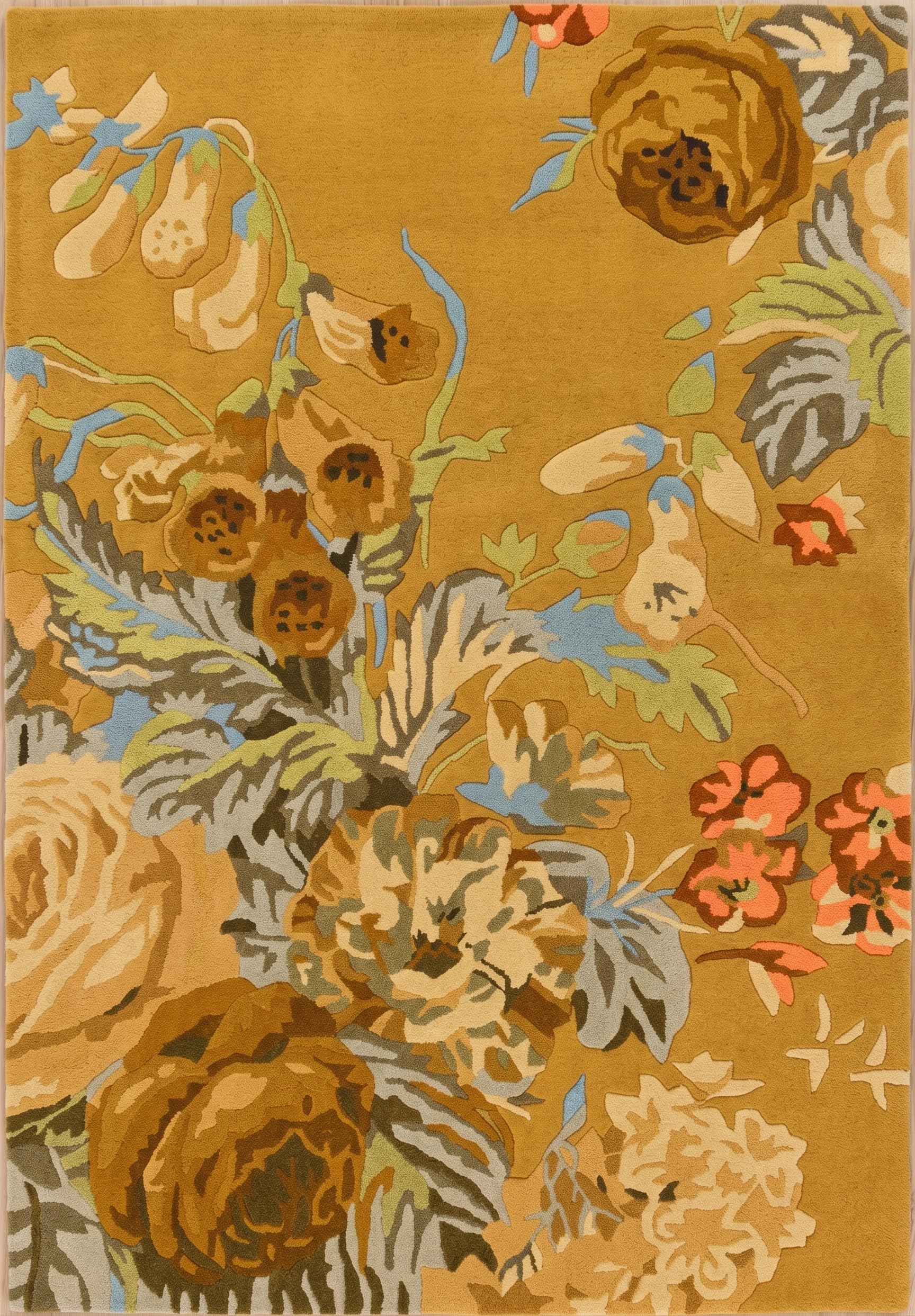 Modern Rose Floral Wool Area Rug | Handmade Area Rug with Garden Colorful Flowers for Living Room Dining Room and Kitchen (Mustard Yellow, 8x5 ft)