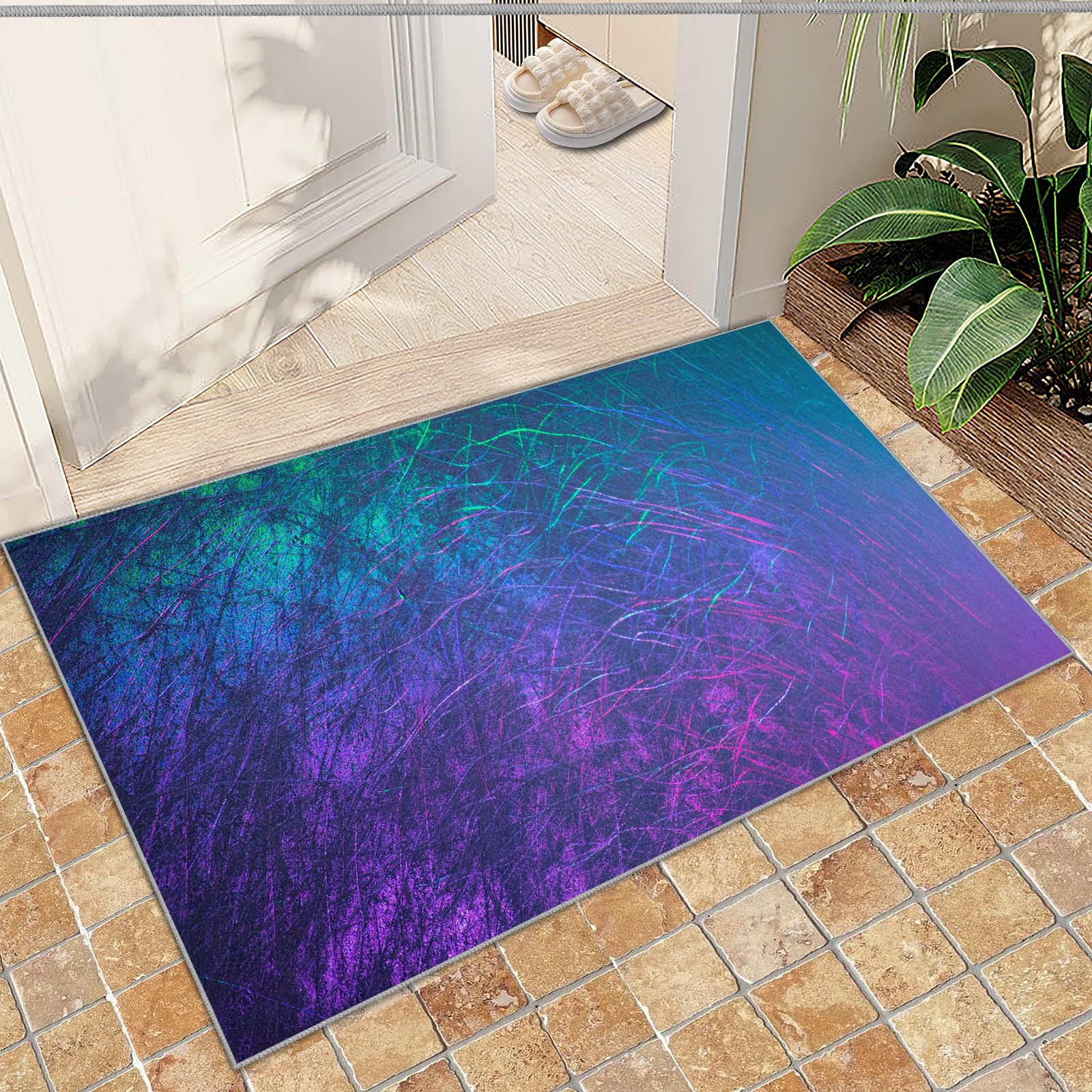 QDJKBL Colorful Fluorescent Curved Lines, Entrance Rug 50 X 80 Cm Gradient Purple Background Pattern Doormats, Floor Mats With Non-Slip Backing for Front Back Door