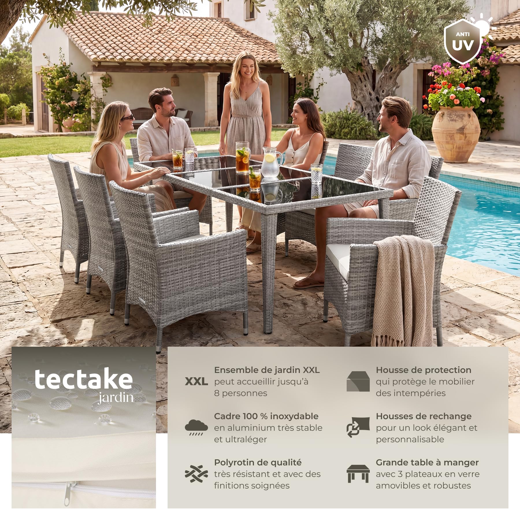 tectake® Salon de Jardin extérieur en Aluminium avec 8 fauteuils en rotin, Table, Housse Lavable et Protection - mobilier Facile d'entretien