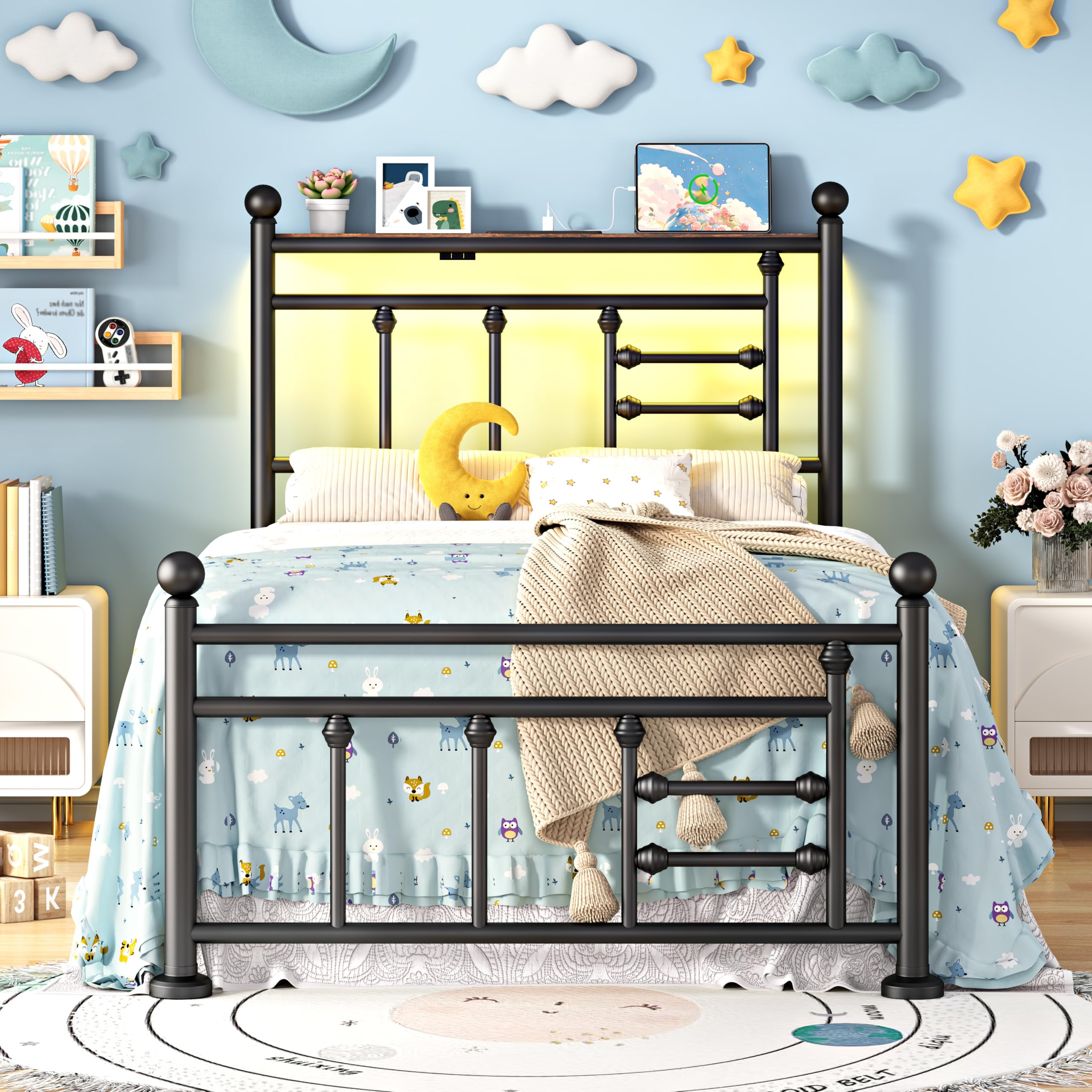 ChicZhiNest Twin Bed Frame with Charging Station & LED Lights, Noise Free Metal Platform Twin Size Bed Frames with Victorian Headboard and Storage