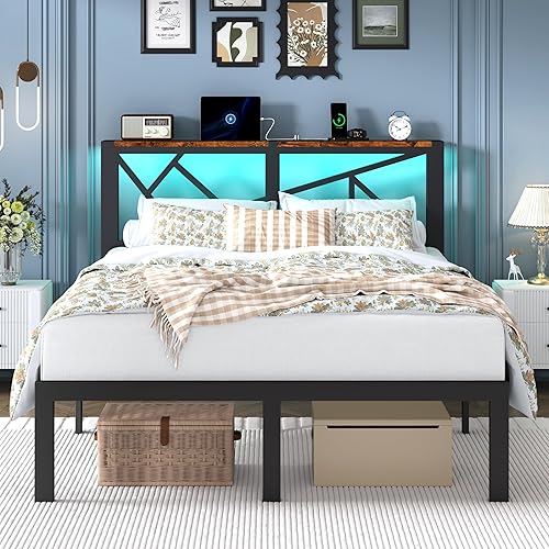 Miniatura 10 de Marco de cama de metal tamaño individual con luces LED, cabecera con almacenamiento y estación de carga, moderna cama de plataforma individual con