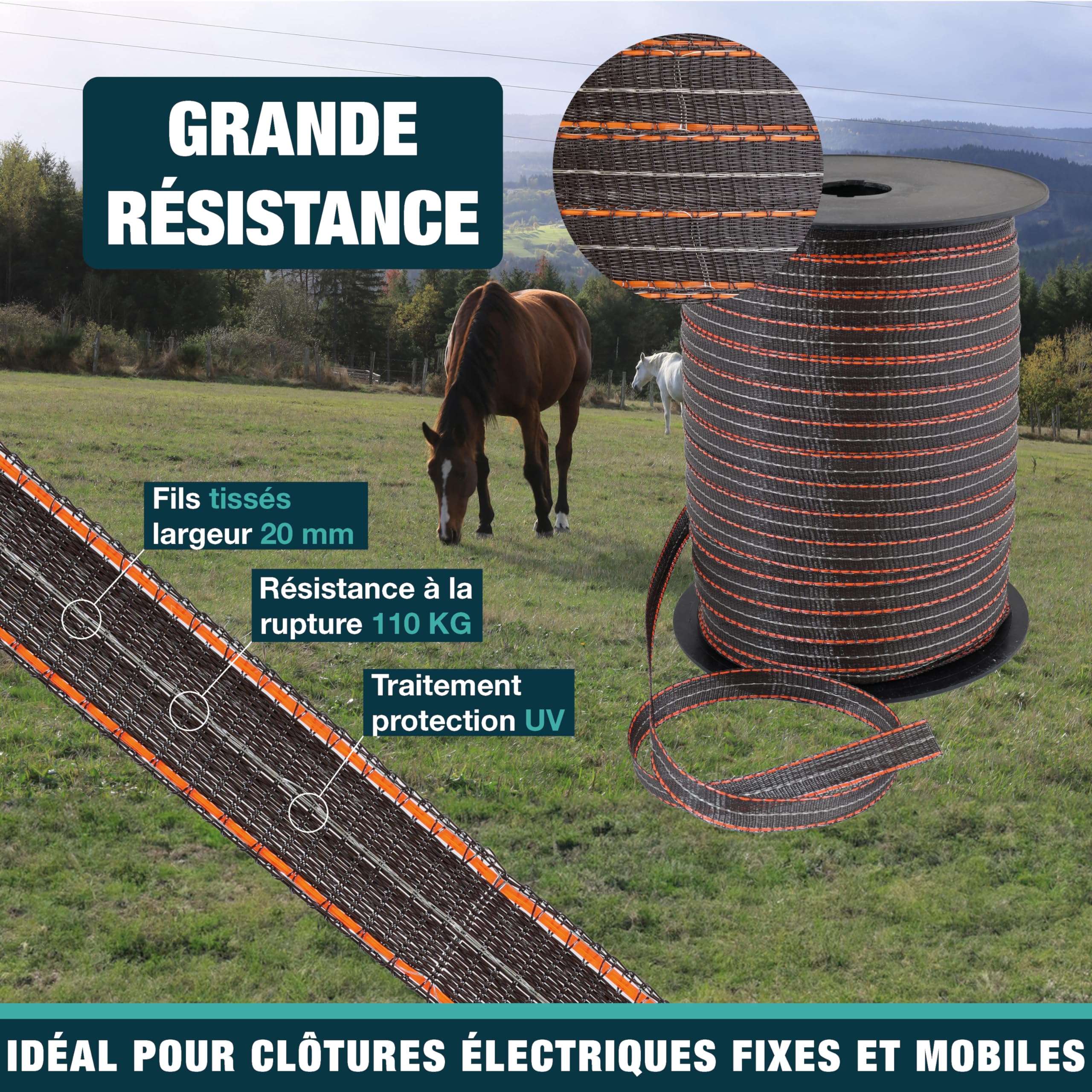 Ruban ZZ 20mm - Clôture électrique pour animaux (vache, chèvre, mouton, cheval) - Bobine de 400m - 5 fils inox diamètre 0,20mm et 1 fil cuivre diamètre 0,30mm
