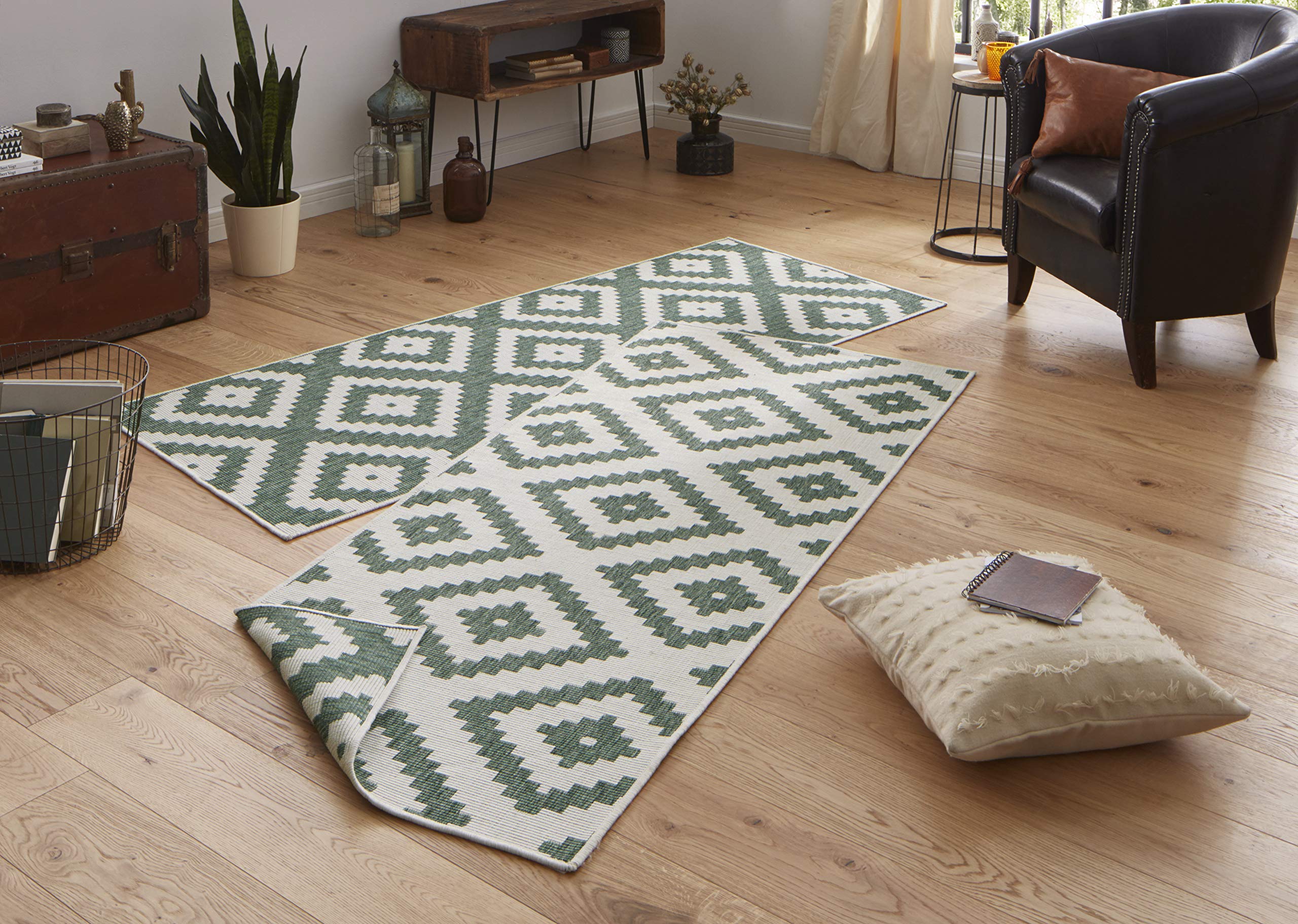 NORTHRUGS Outdoor Teppich Malta-Wendeteppich Wetterfest Modernes Geometrisches Muster Läufer für Balkon Terrasse Garten Wintergarten Wohnzimmerteppich Wasserfest, Polypropylen, Grün,Creme, 80x250cm
