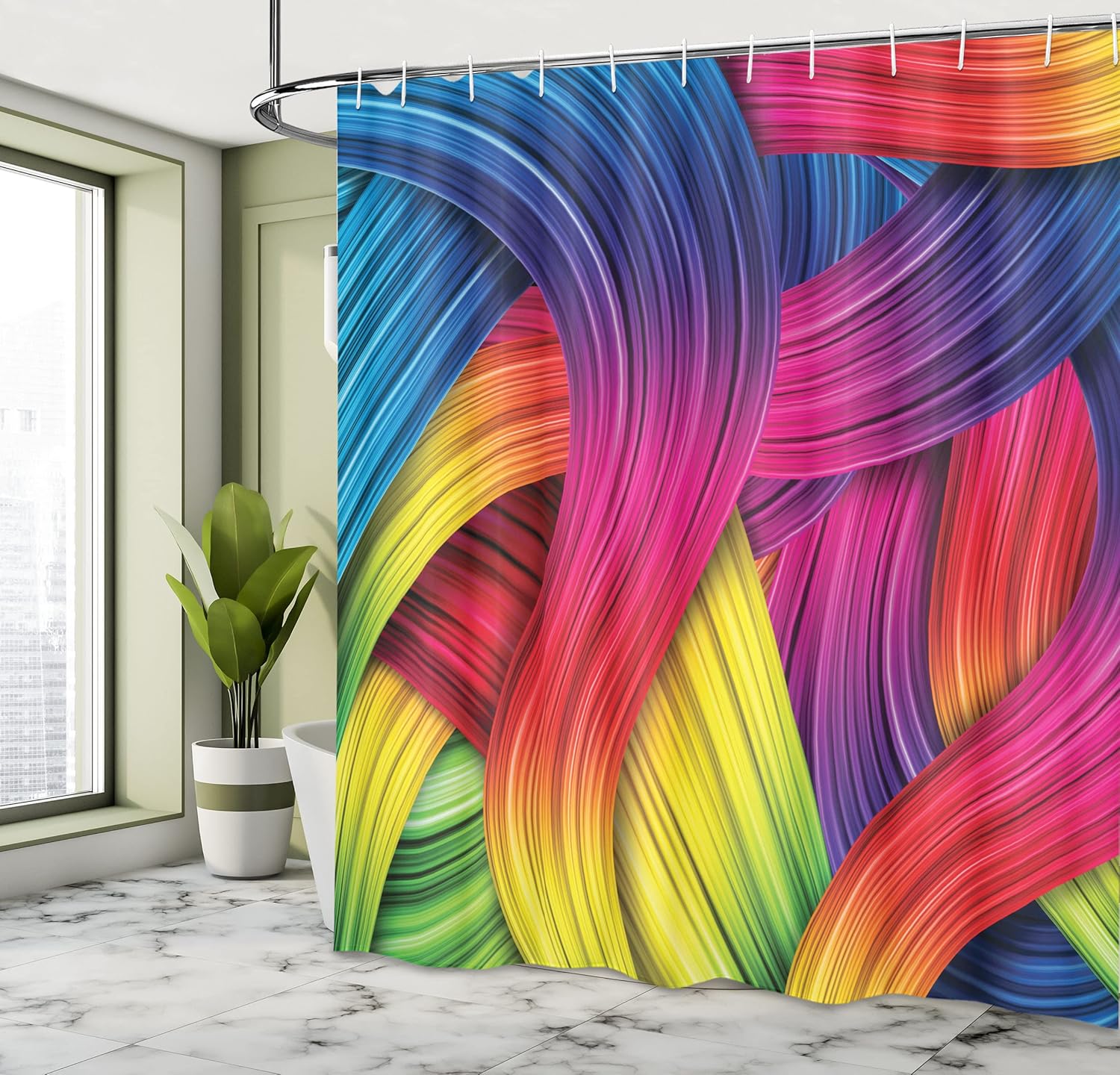 Ambesonne Abstract Shower Curtain, Colorful Abstract Twirl Wavy Stripes Retro Style Illustration Summery Sunny Joyful, Cloth Fabric Bathroom Decor Set with Hooks, 69" W x 70" L, Purple Yellow