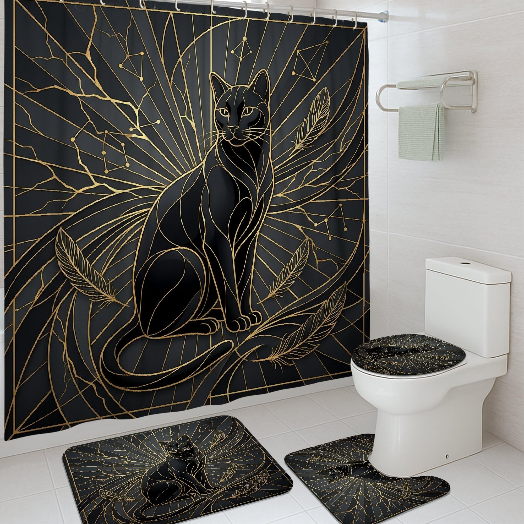 Rideau de douche chat et tapis de bain lavable 183x183cm