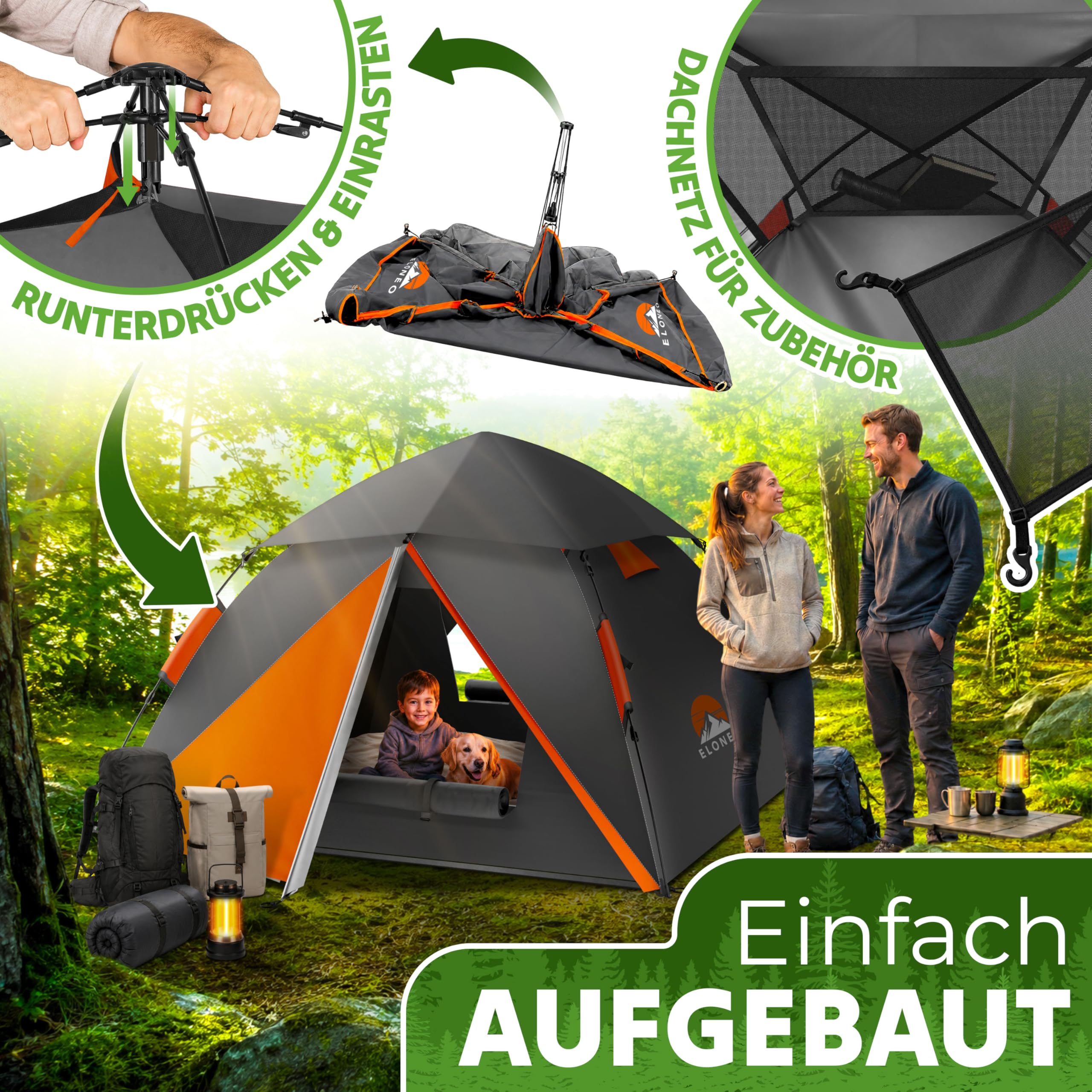 ELONEO Wurfzelt - extra wasserdicht & stabil, schneller Auf- & Abbau in 45 Sekunden | Wurfzelt 4 Personen wasserdicht | Wurfzelt 3 Personen | Wurfzelt 2 Personen, Pop Up Zelt 2 Personen | Camping Zelt