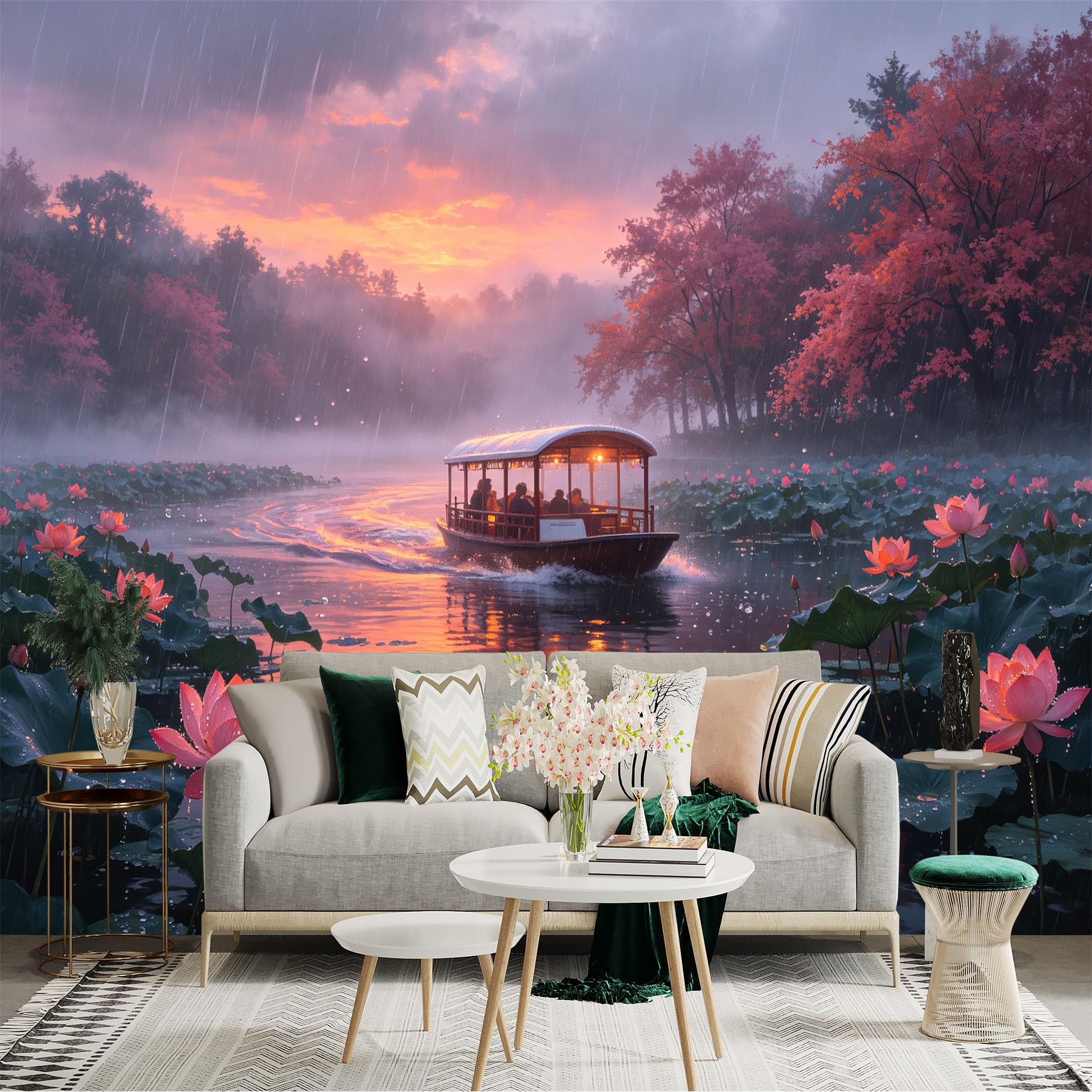 Custom Size Wall Sticker Mural， Boat on Rainy Lake， Blooming Pink Lotus Flowers， Serene Sunset Landscape， for wall Decoration， peelandstick wall Decals.