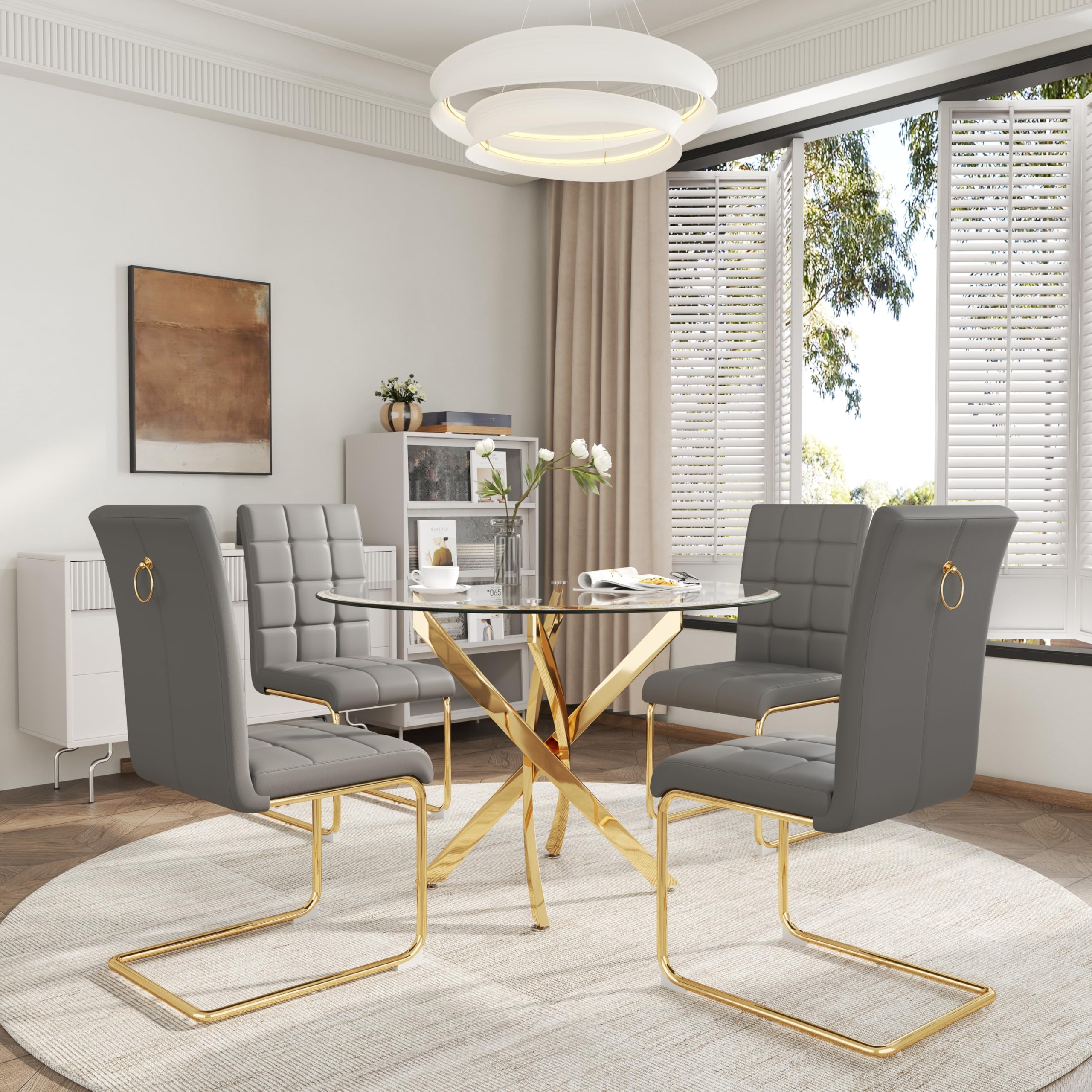 AMHDDT 5-Piece Round Dining Table Set for 4,Round Tempered Glass Kitchen Table Set with 4 Grey PU Leather High Back Upholstered Chairs,Dining Room/