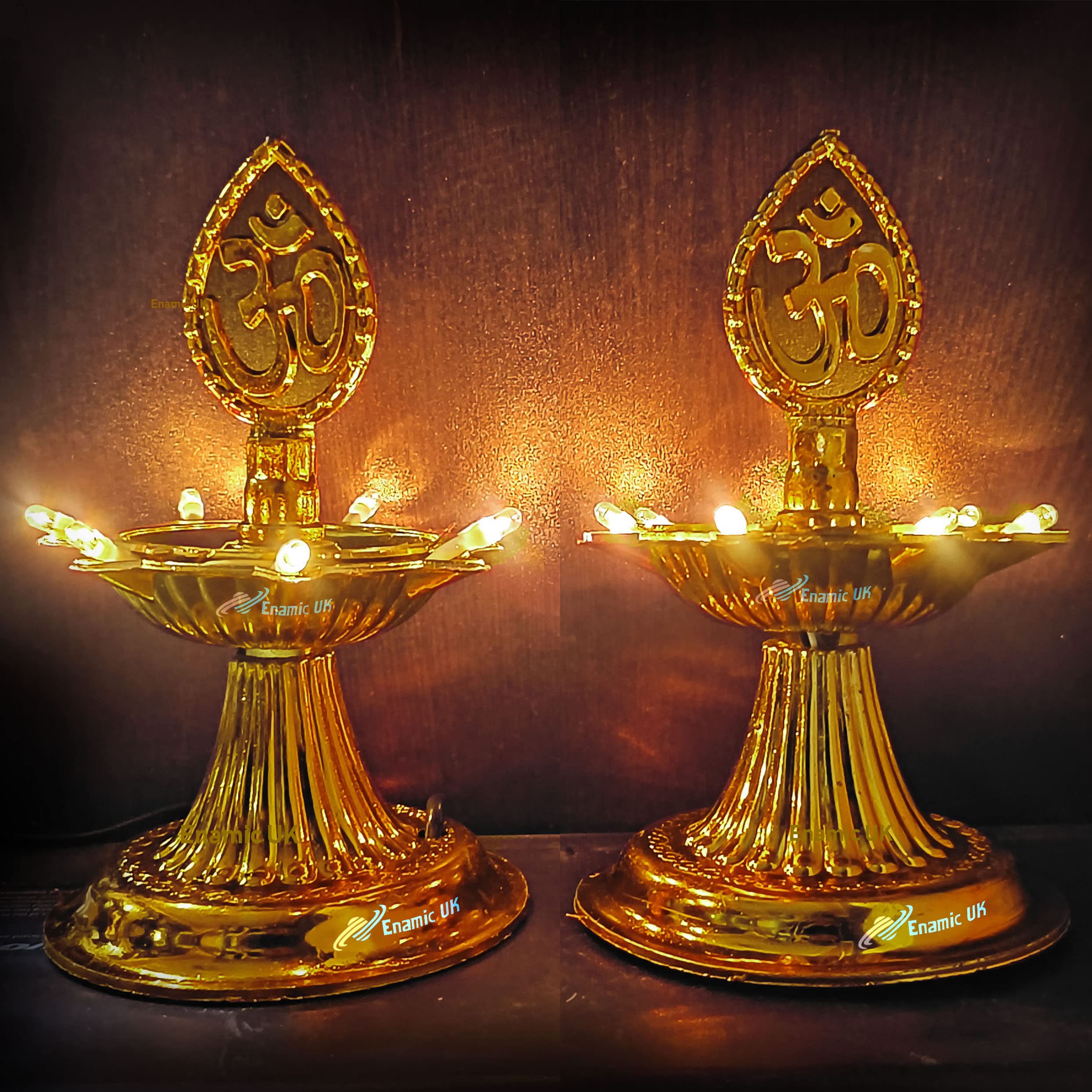 Enamic UK 1 Layer Golden Electric Diya for Diwali | Deepak Light Lamp LED Light Plastic Premium 1 Layer Electric Gold LED Bulb Lights Diya for Pooja Mandir Diwali Festival Decoration -Pack of 2||BL16