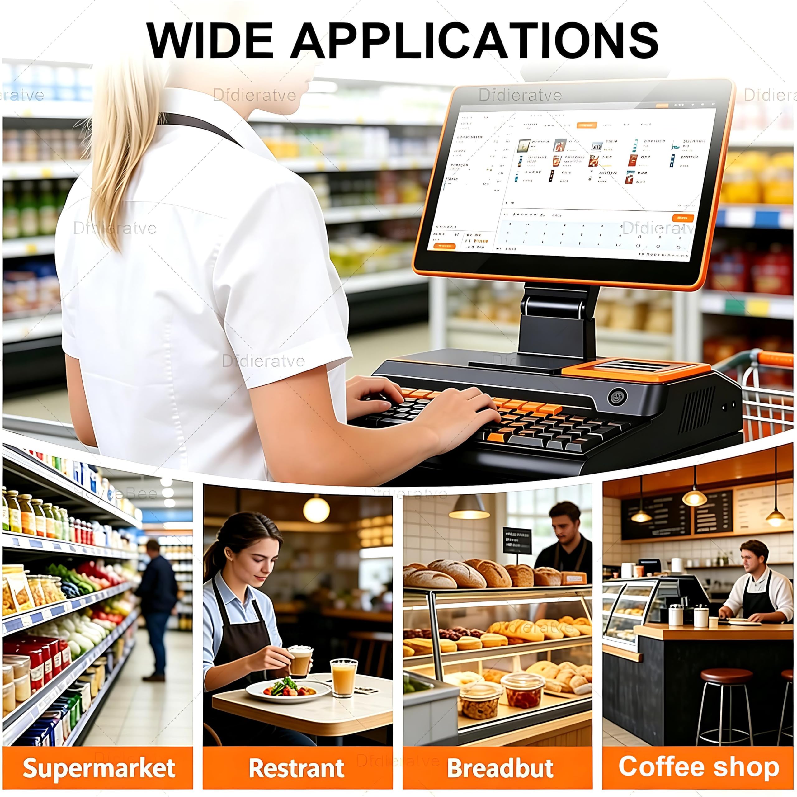 Caisse Enregistreuse Intelligente,Caisse Enregistreuse Tactile Tout, Tout-en-Un Design + 15,6" Écran Tactile LCD,Scanner + Imprimante de reçu,4G+128Go + Connexion Wi-FI Double Orange