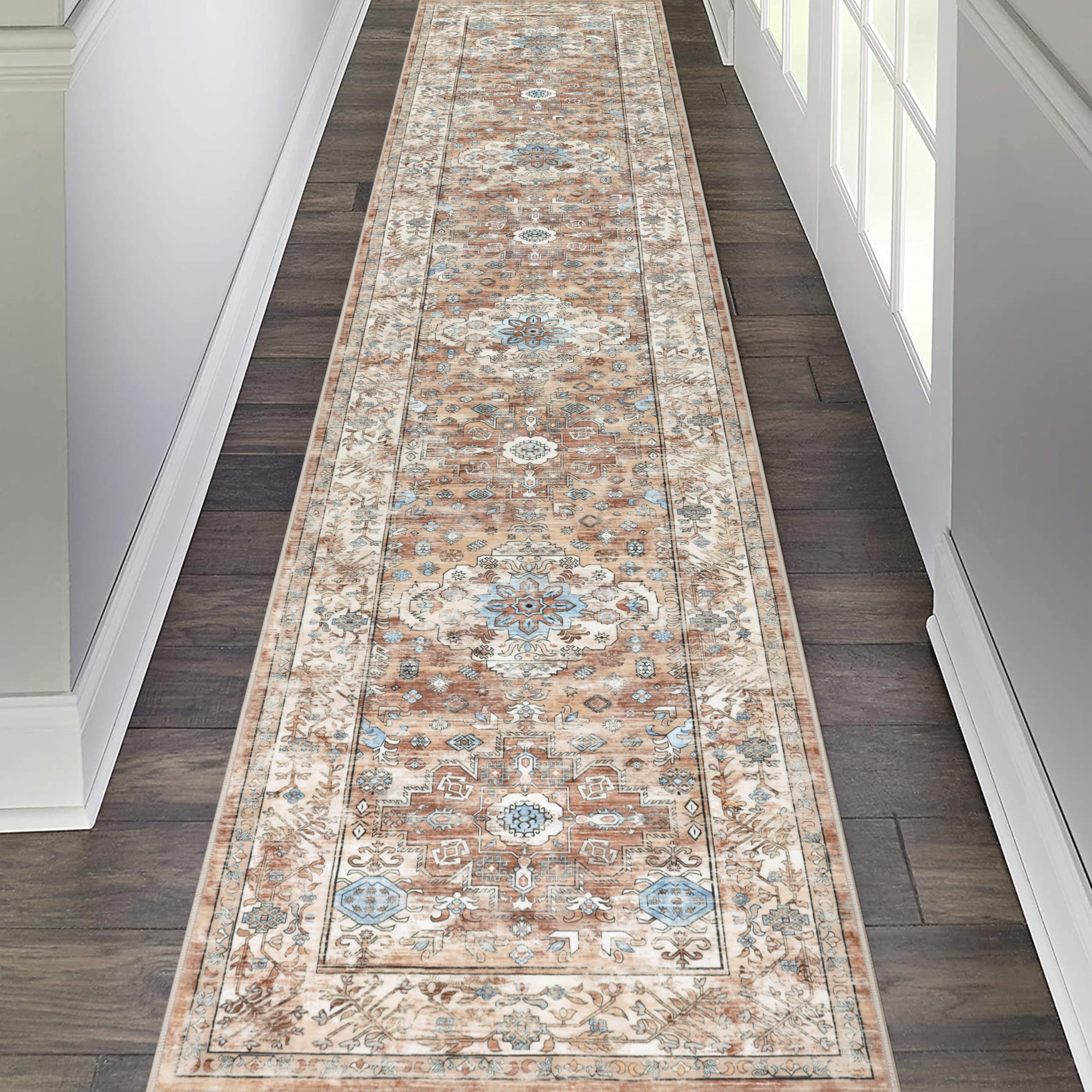Pauwer Boho Hallway Runner Rug 2'6'' x 12' Washable Entryway Area Rugs Non Slip Farmhouse Vintage Floor Mat Long Carpet Runner for Hallways Laundry