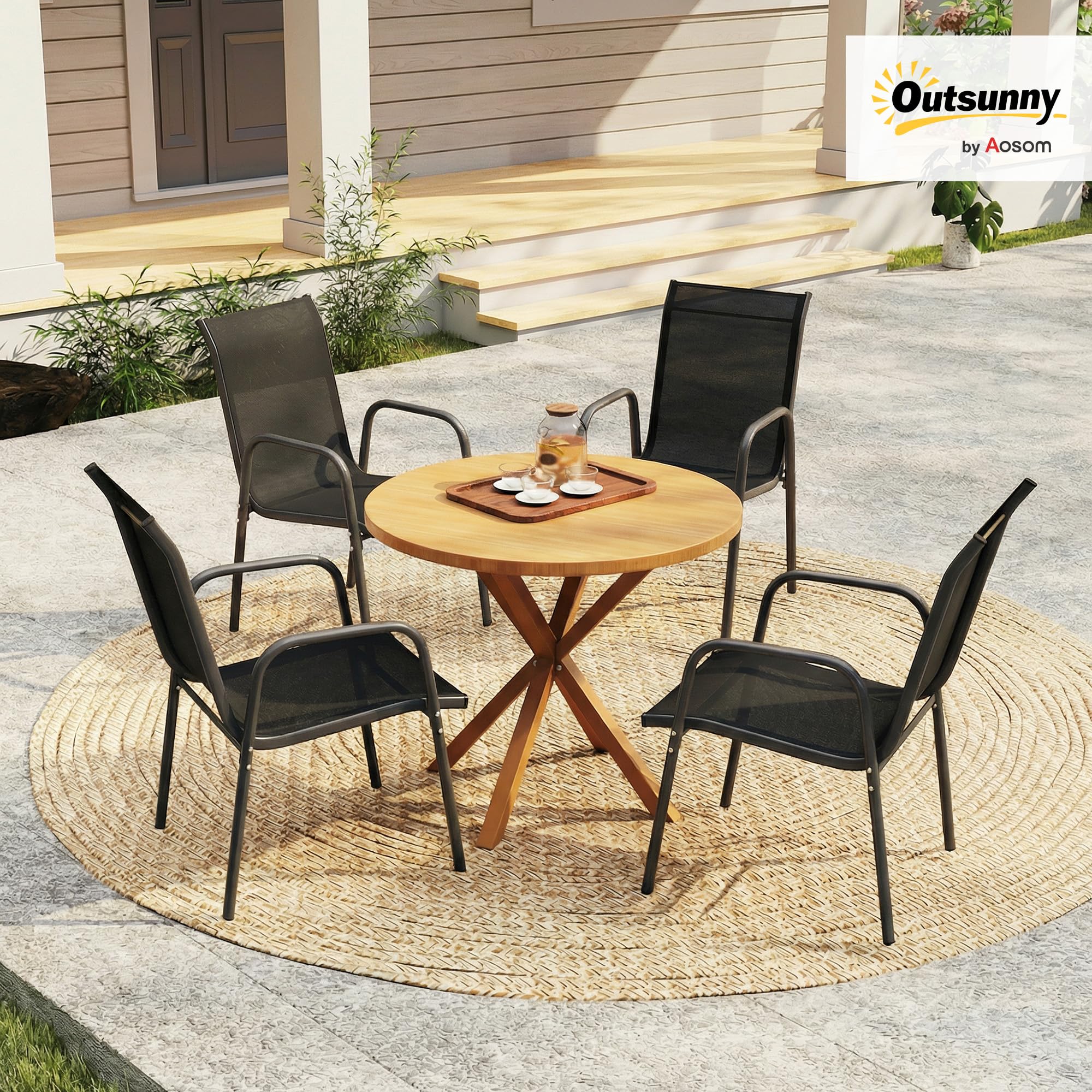 Outsunny Set 4 Sedie da Giardino Impilabili in Texteline Traspirante, Sedie per Pranzo da Esterno con Schienale Alto e Braccioli, in Metallo, da Patio, Balcone, Terrazza, Esterno, 51x69x87 cm, Nero