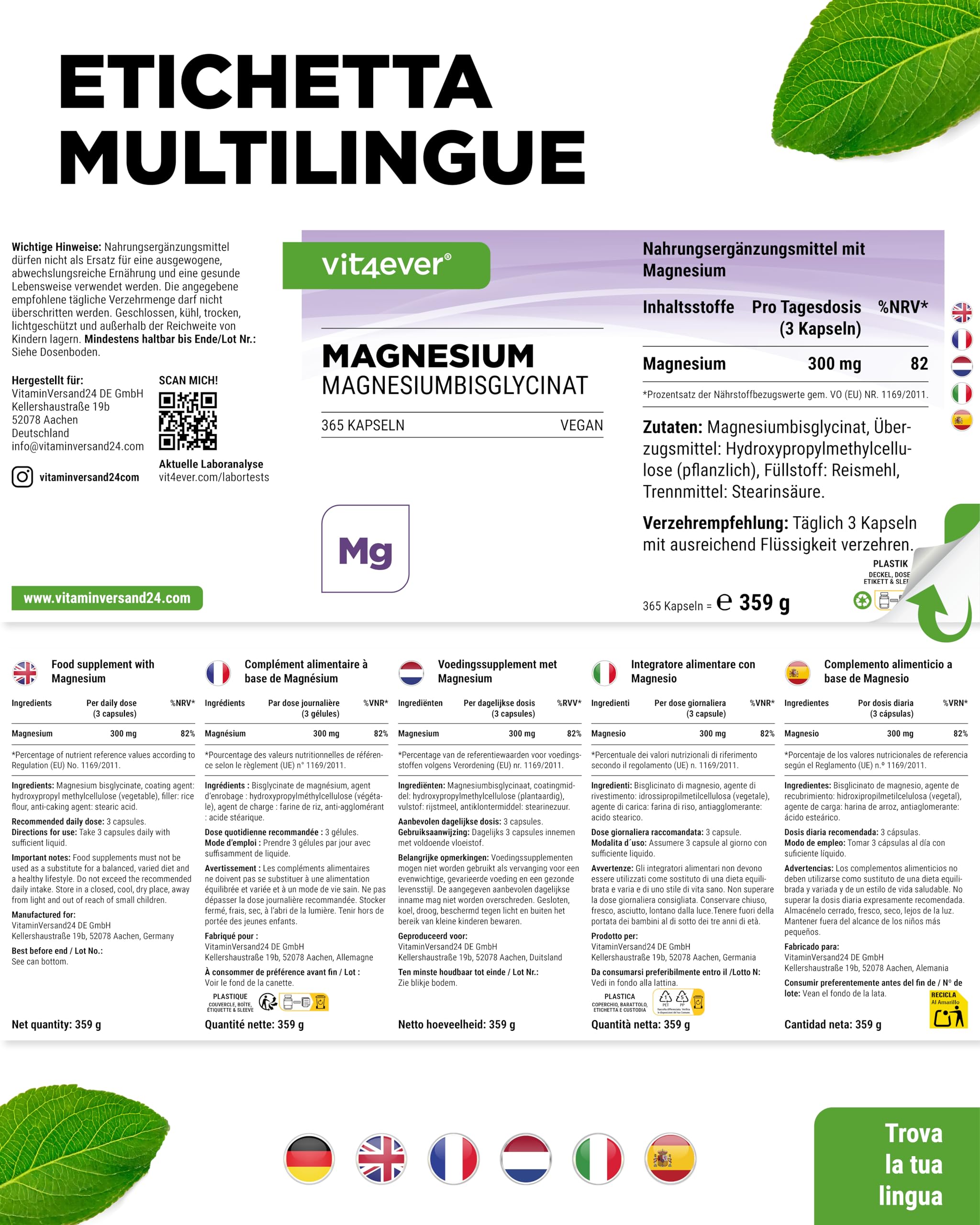 Magnesiobisglicinato - 365 Capsule - 300 mg di Magnesio Elementare per Dose giornaliera - Premium: Magnesio Chelato - Vegano - Ad Alto Dosaggio