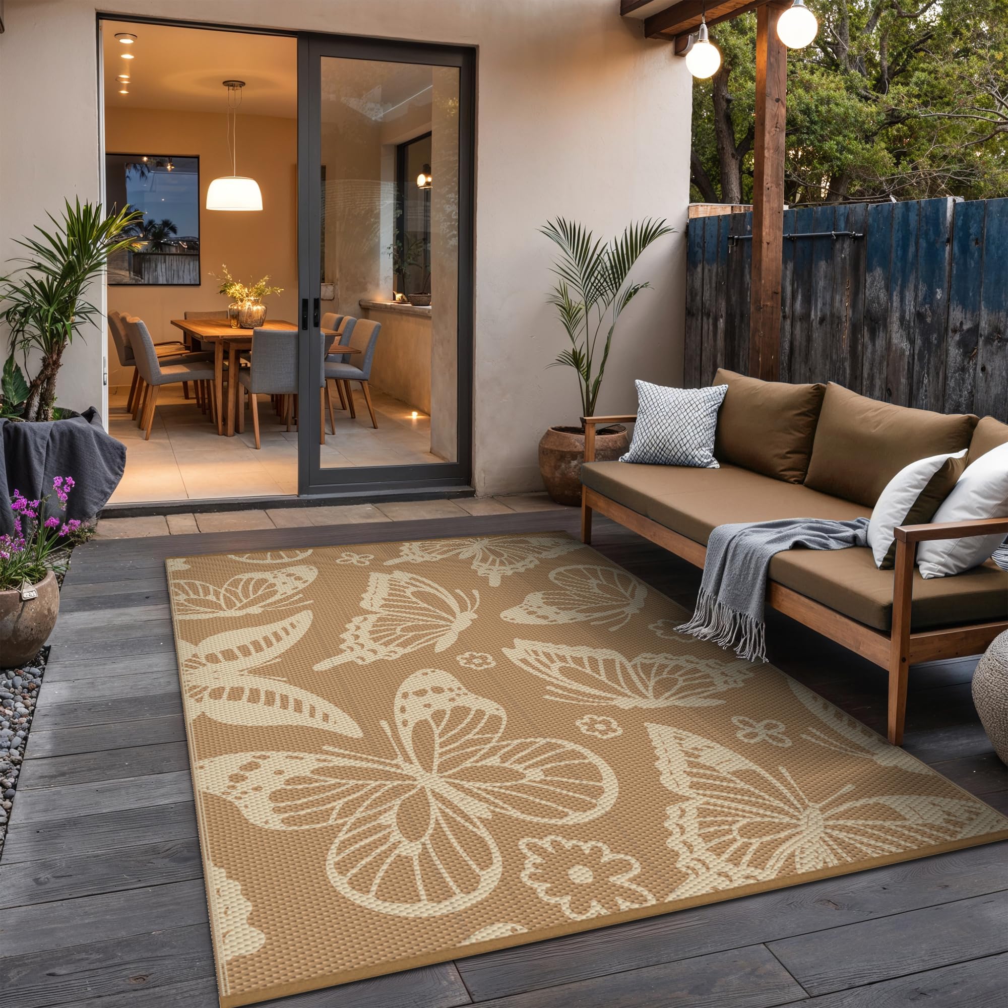 GENIMO Outdoor Rug 240x300cm, Extra Large Butterfly Pattern Waterproof Reversible Garden Rug, Washable Patio Carpet, Recycled Plastic, Modern Outside Mat for Out Door, Backyard, Brown and Beige