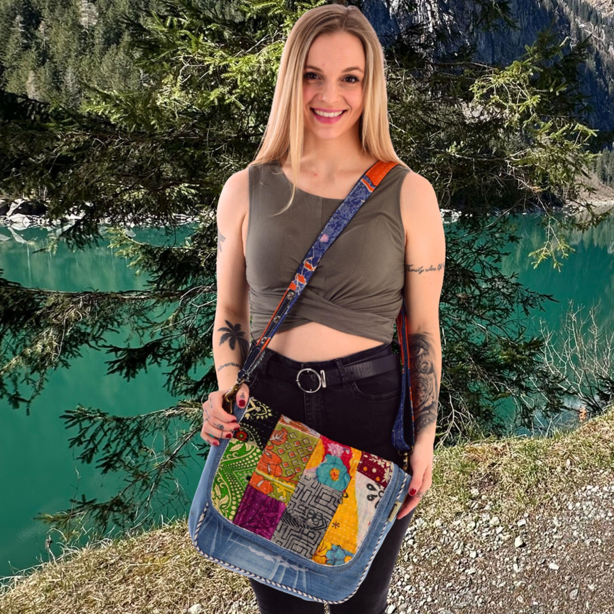 Sunsa Damen Messenger Bag Umhängetasche Handtasche, aus recycelte Jeans & Baumwolle. Große Crossbody Tasche Schultertasche, Jeanstasche Geschenkideen für Frauen/Mädchen, nachhaltige Produkte
