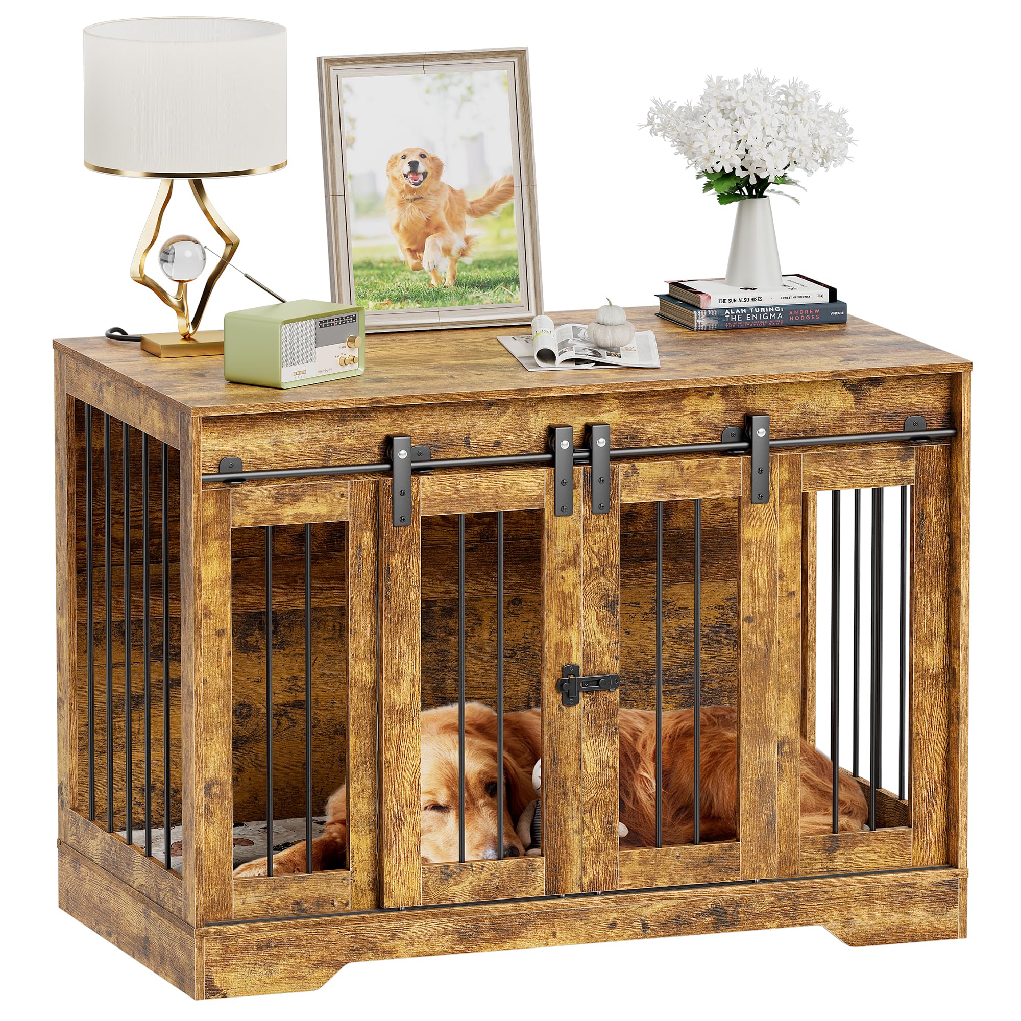 MSFE Jaula Mueble de Madera para Perros,Jaula para Perros para Interior en Casa con Puertas corredizas dobles y Cerradura de puerta lateral para perros medianos y grandes,Jaula Perro 105*58*75.4cm