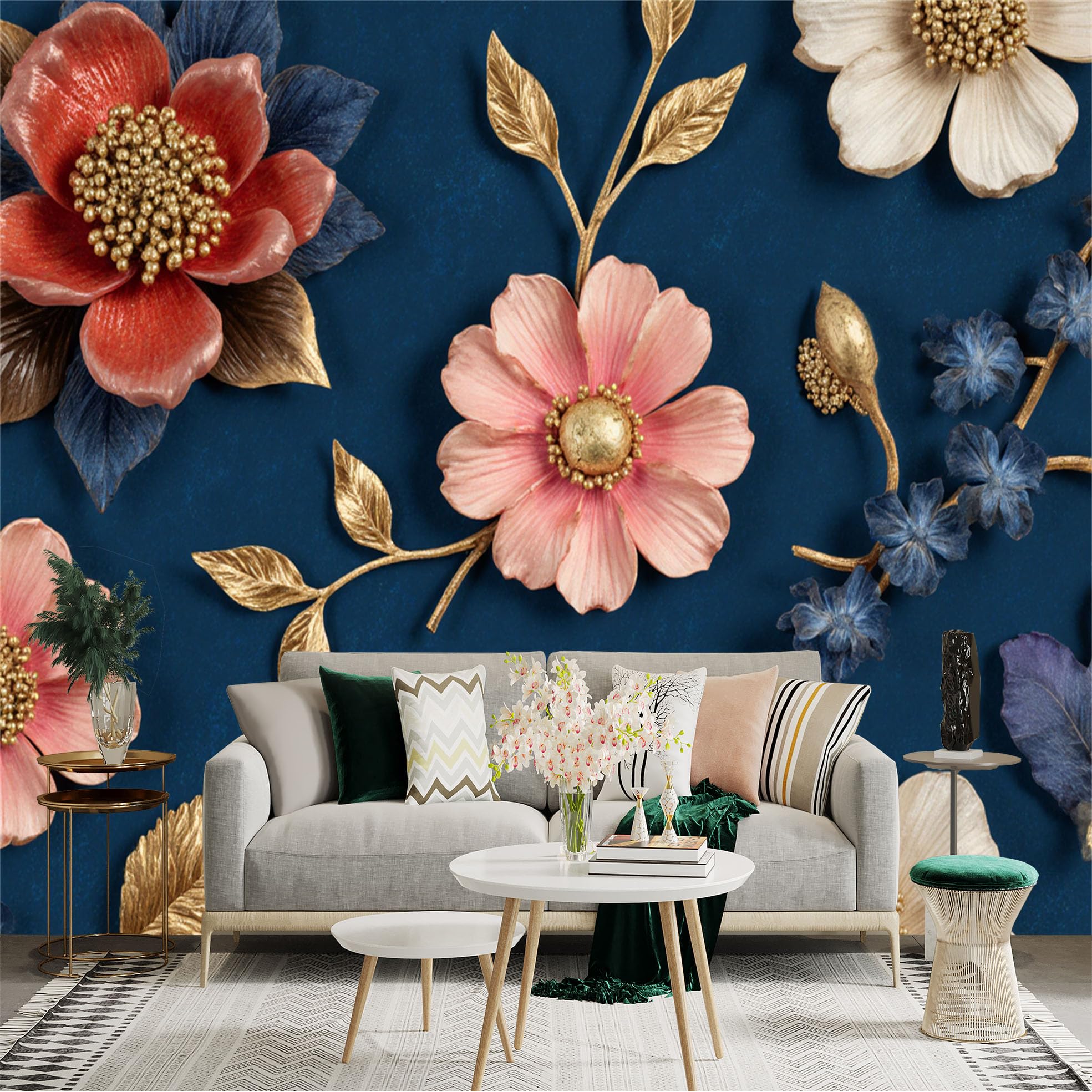 Custom Size Wall Sticker Mural， Elegant Pink and Blue Flowers， Gold Leaf Accents， Luxury Floral Art， Deep Blue Background， for wall Decoration， peelandstick wall Decals.