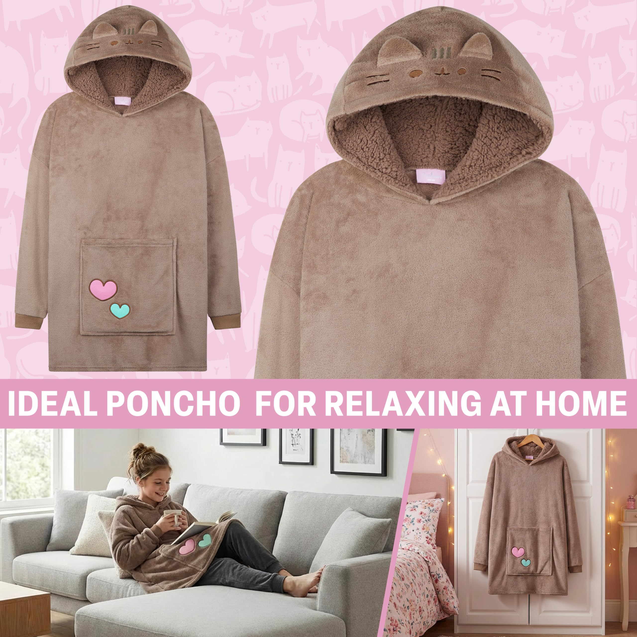 Get Trend Pusheen Bluza z kapturem Oversize nastolatek i dziewczyna, polar koc z kapturem Cocooning Winter Porter, prezent dla dziewczyny
