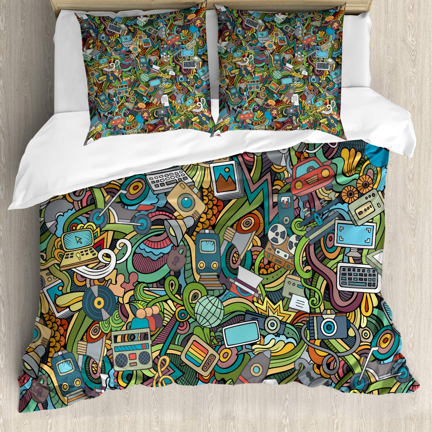 ABAKUHAUS Hipster Fitted Sheet, Social MediDevices, Decorative 3 Piece Bedding Set with 2 Pillow Shams, 155 cm x 200 cm - 80 x 80 cm, Multicolor