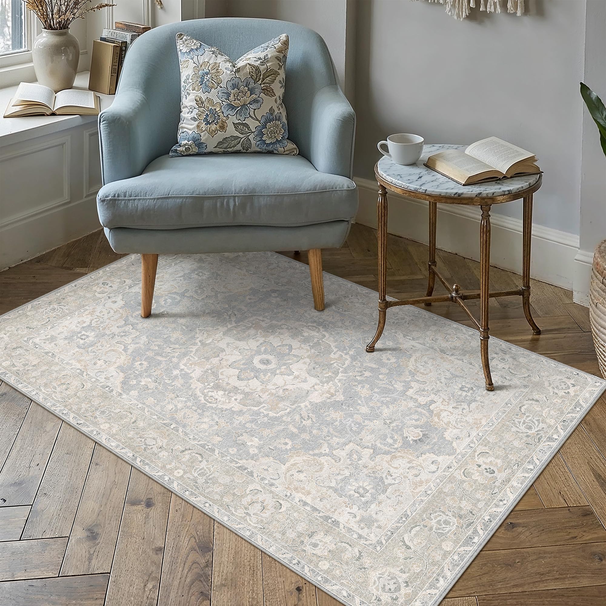 PureCozy Blue Washable Vintage Rugs Living Room Rug 80x150cm — image 1