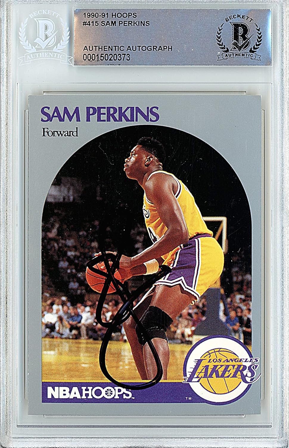 Sam Perkins Autographed 1990 1991 Hoops #415 Basketball Trading Card Slab Beckett BAS Authentic Slabbed COA Played For Los Angeles Lakers NBA