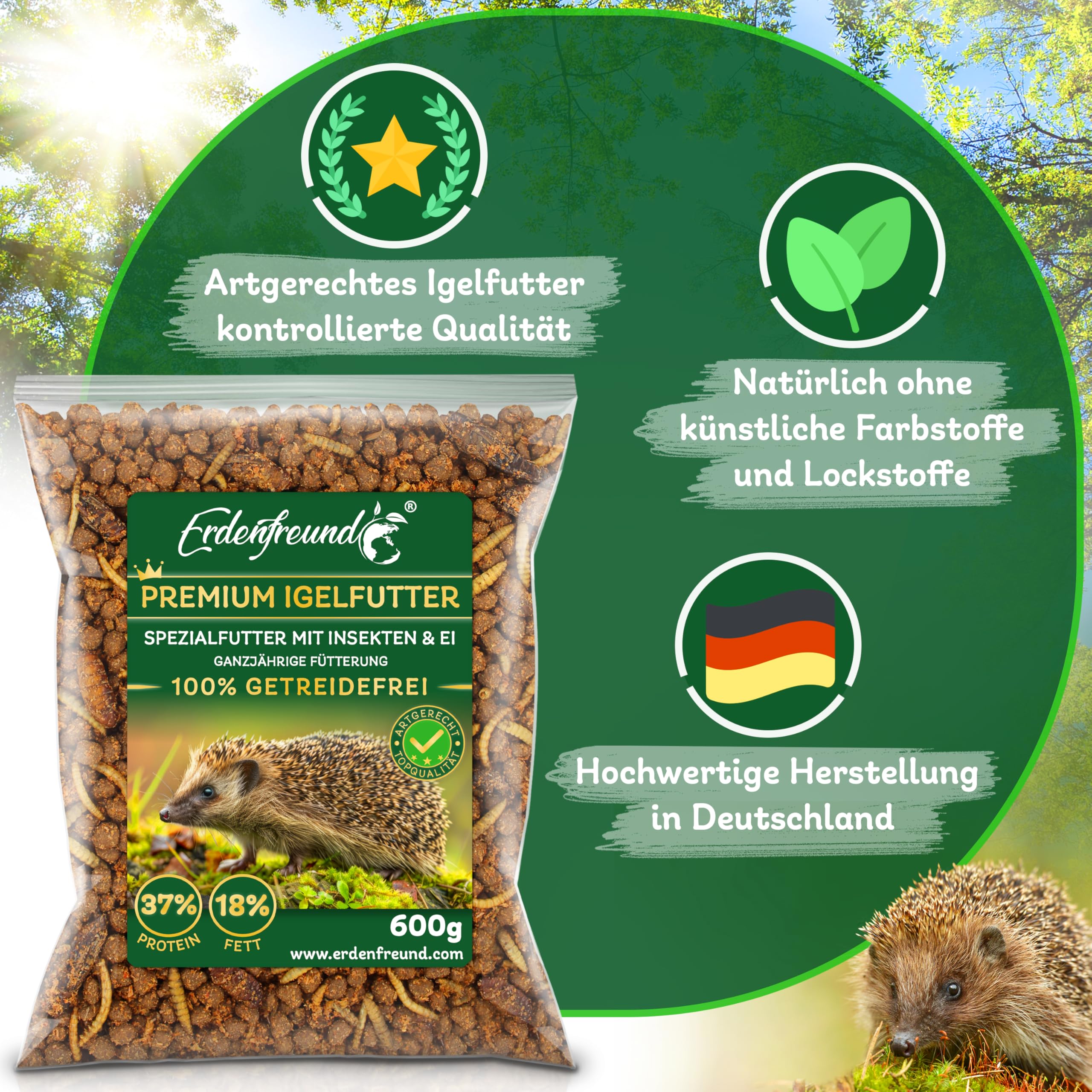 ERDENFREUND® Premium Igelfutter 100% getreidefrei 3x600g Ganzjahres-Alleinfutter für Igel mit Insekten vollwertig verdaulich nährstoffreich (3x600g Frischepacks = 1800g Premium Igelfutter)
