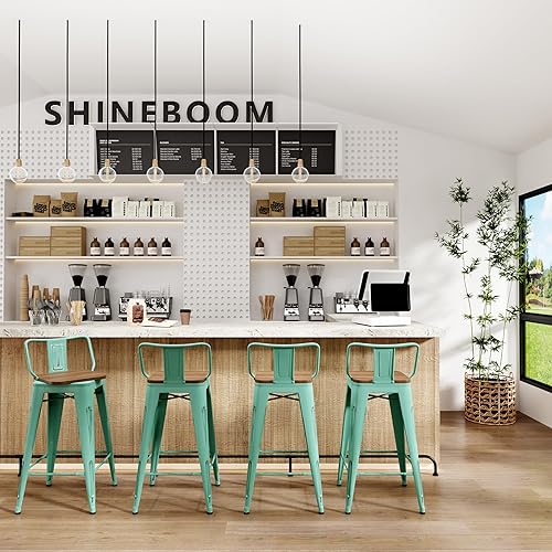 Miniatura 10 de Juego de 4 taburetes de bar de 24 pulgadas, taburetes de bar giratorios de metal con respaldo, color azul