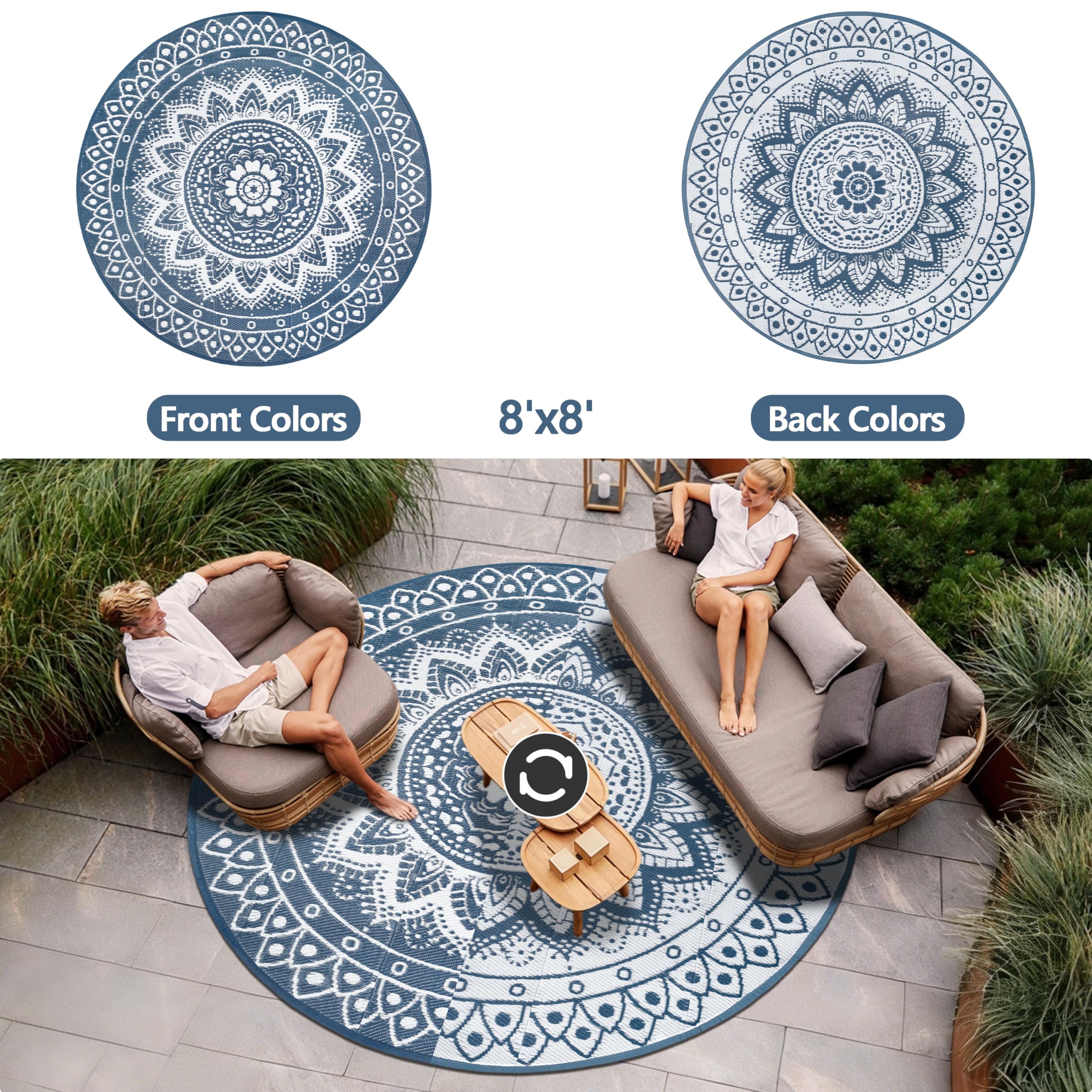 Tapis d'extérieur Rond pour terrasse 240cm réversible imperméable et Pliable bohème pour Camping-carTapis de Pique-Nique et de Camping pour RV, Balcon, Plage, terrasse, Bleu/Blanc