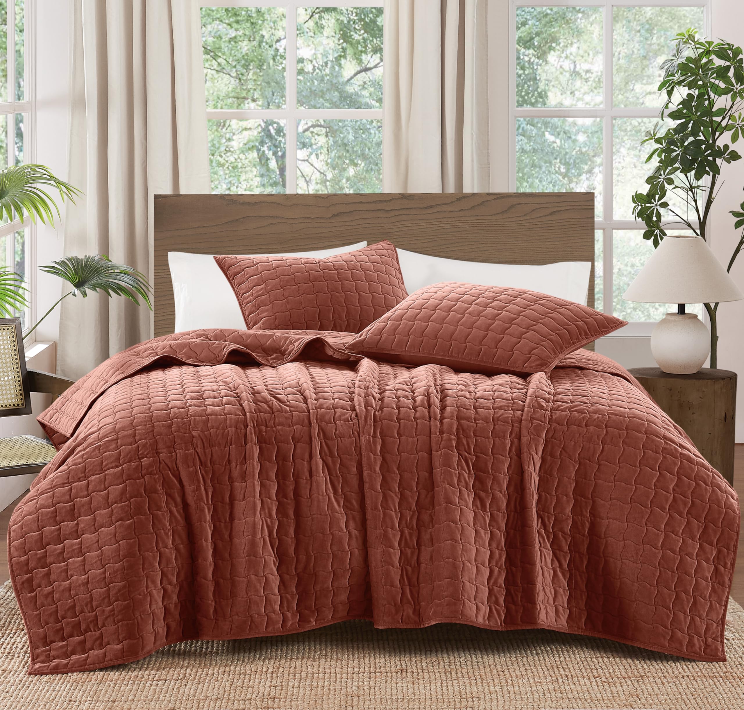 Brooklyn Loom Matte Cotton Velvet Wavy Square 3 Piece Rust King Quilt Set