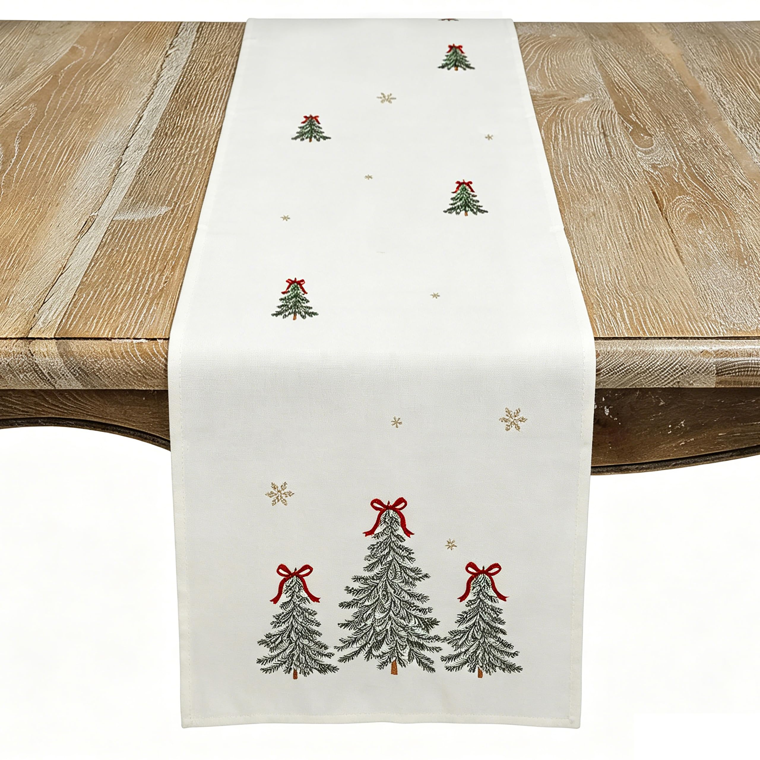 SARO LIFESTYLE Embroidered Christmas Tree Table Runner - Holiday Table Runner with Snowflake Accents and Bow-Topped Evergreen Design for Festive Dining Tables and Seasonal Entertaining, 16"x68", White