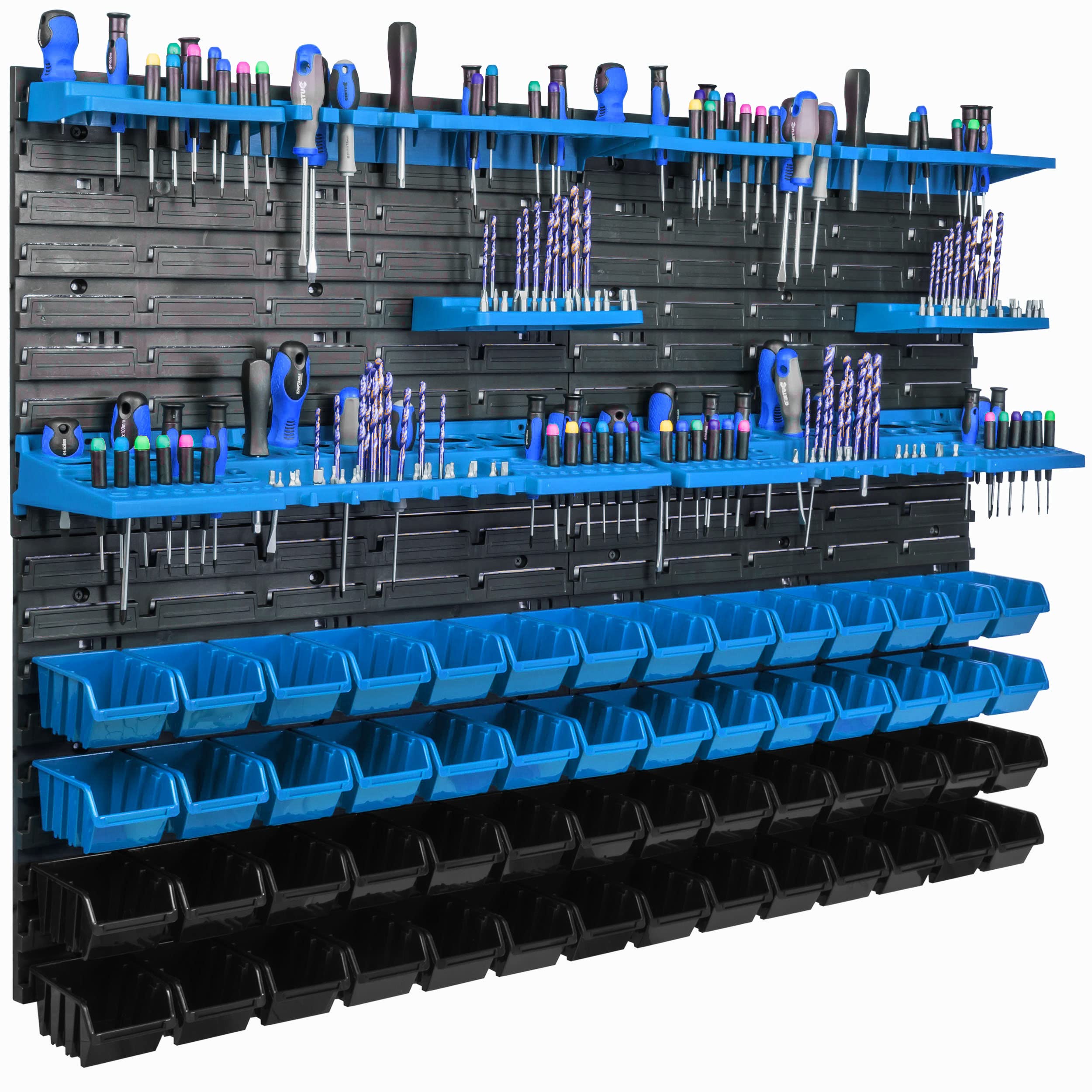 System magazynowy, regał ścienny 115 x 78 cm, uchwyty narzędziowe, 56 szt. pudełka do układania w stos, bardzo mocne płyty ścienne, możliwość rozszerzenia, regał warsztatowy, regał magazynowy, regał