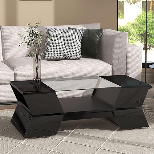 Mesa de centro de cristal negro, mesa de centro de dos niveles con estante de almacenamiento abierto de madera y 2 gabinetes, mesa central moderna
