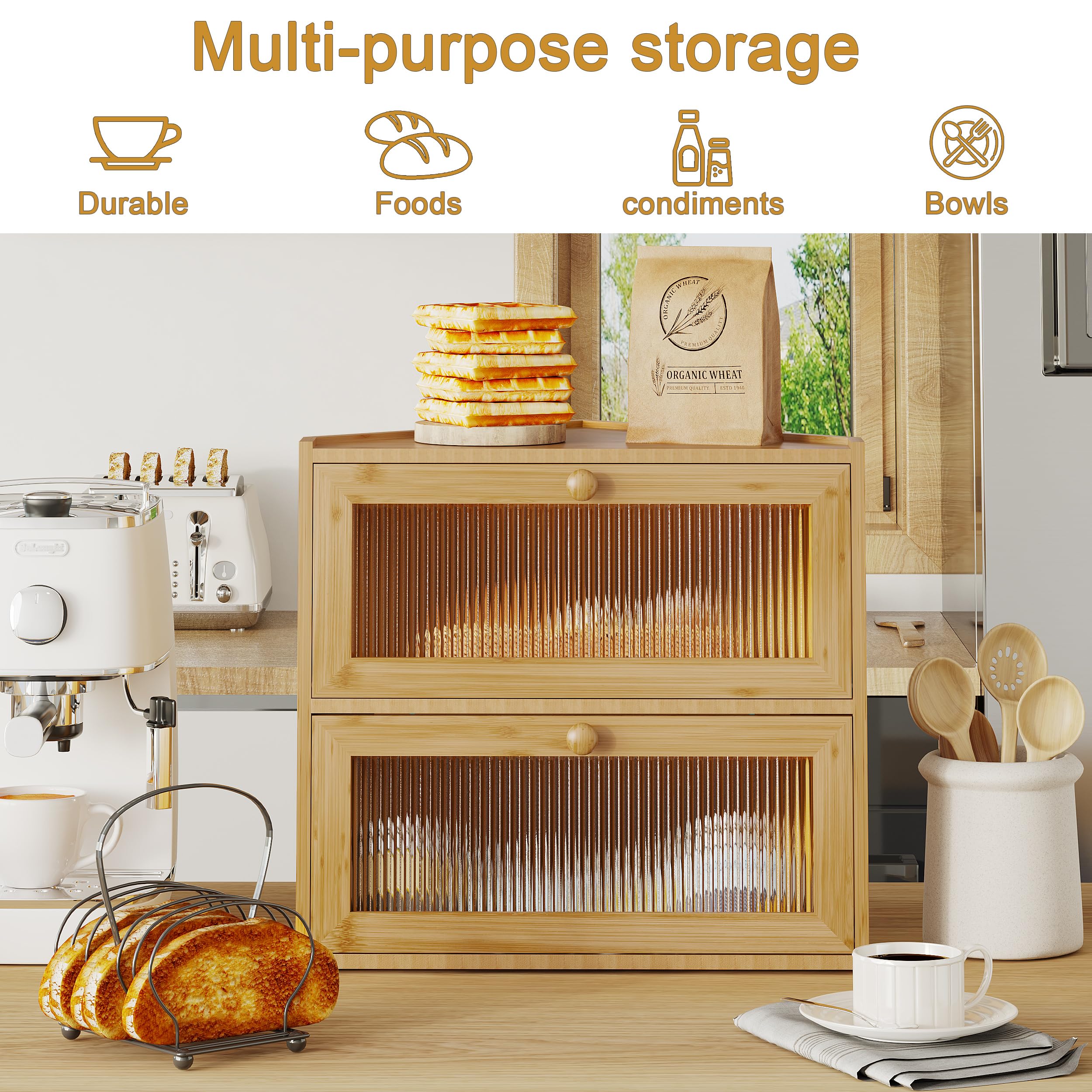 BAMBANG Panera esquinera para encimera de cocina, contenedor de almacenamiento de pan de bambú de doble capa con ventanas onduladas, panera grande de granja, soporte de madera para pan casero, natural