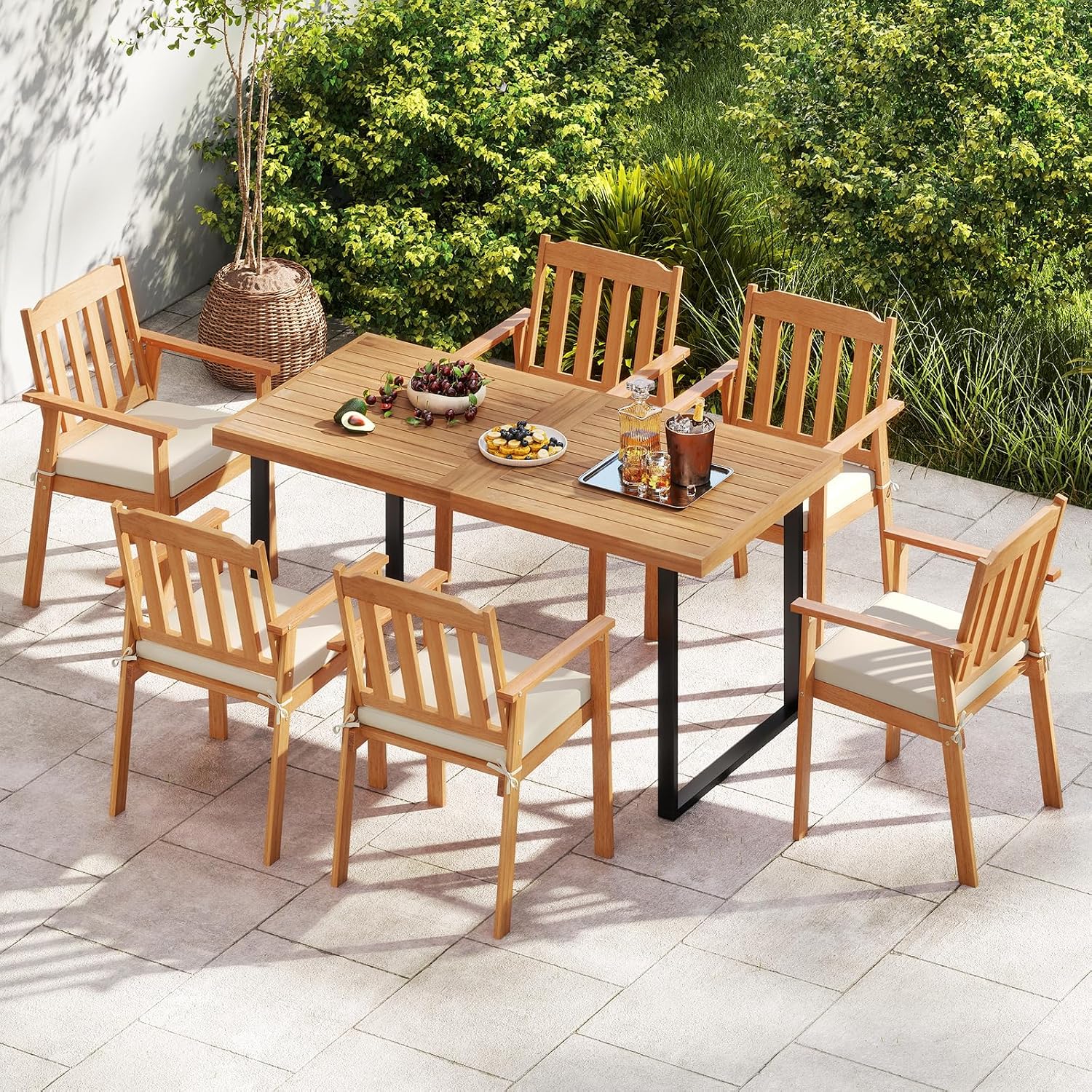 HAPPYGRILL Acacia Wood Patio Dining Chairs Set, Outdoor Bistro Conversation Chair with Cushion, Armrests & Slatted Backrest, 400 LBS (2)
