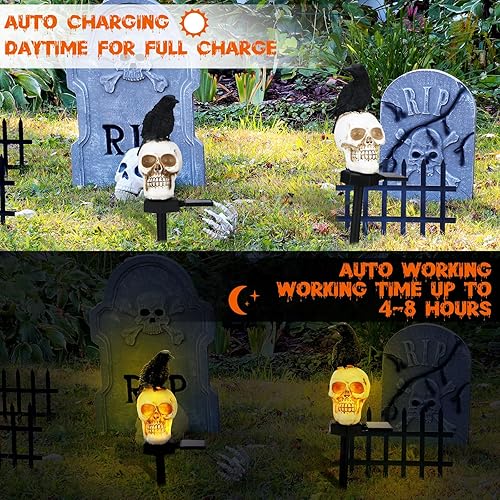 Miniatura 6 de Retisee 2 luces solares de calavera para decoración de jardín de Halloween, con cuervo negro en calavera, impermeables, luces de esqueleto solares
