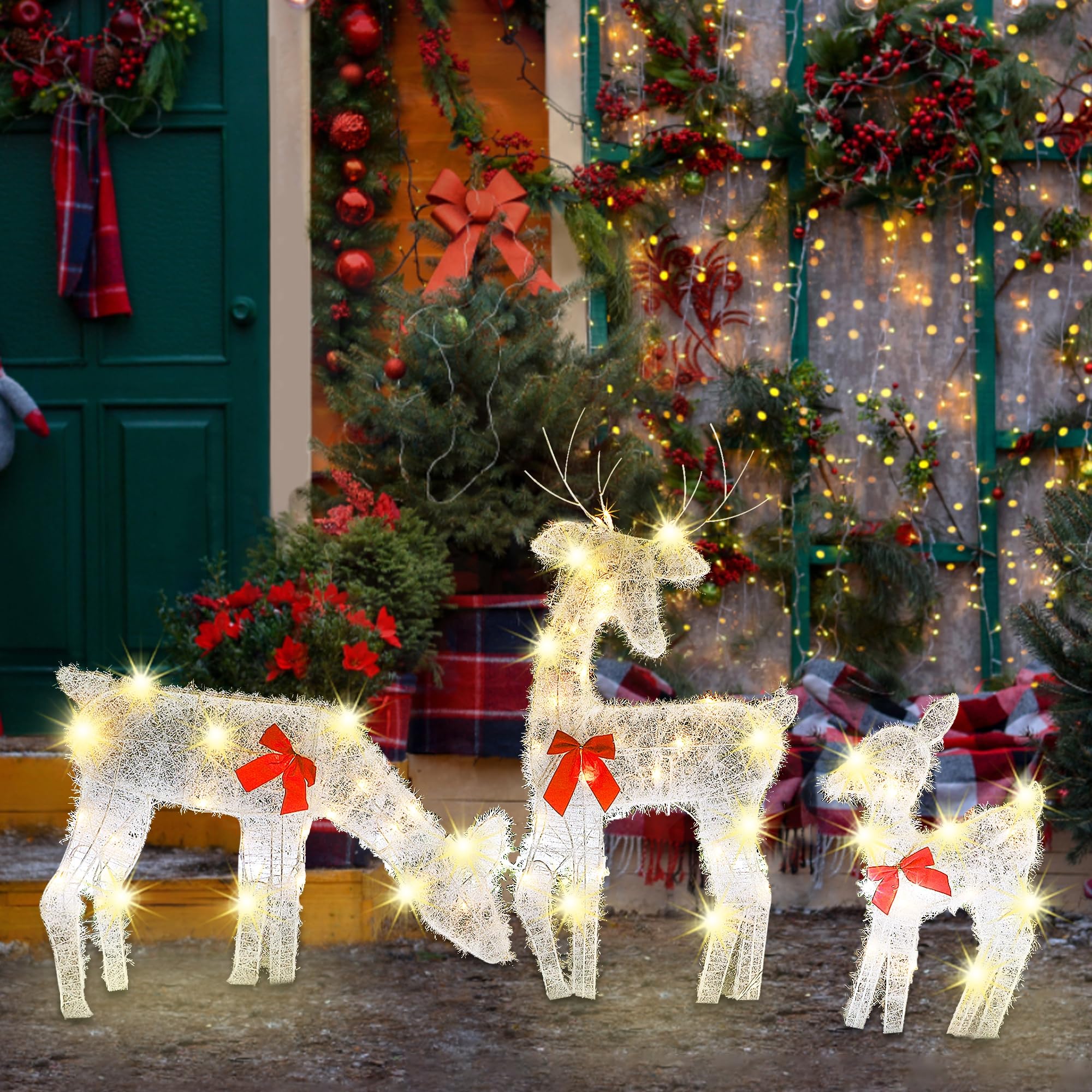 Joliyoou Christmas Yard Decoration, Set of 3 Pre-lit Reindeer with 60 LEDs Warm White Lights, 2D Light Up Tinsel Reindeer Family for Xmas Front Door Indoor Outdoor Lighted Holiday Displays