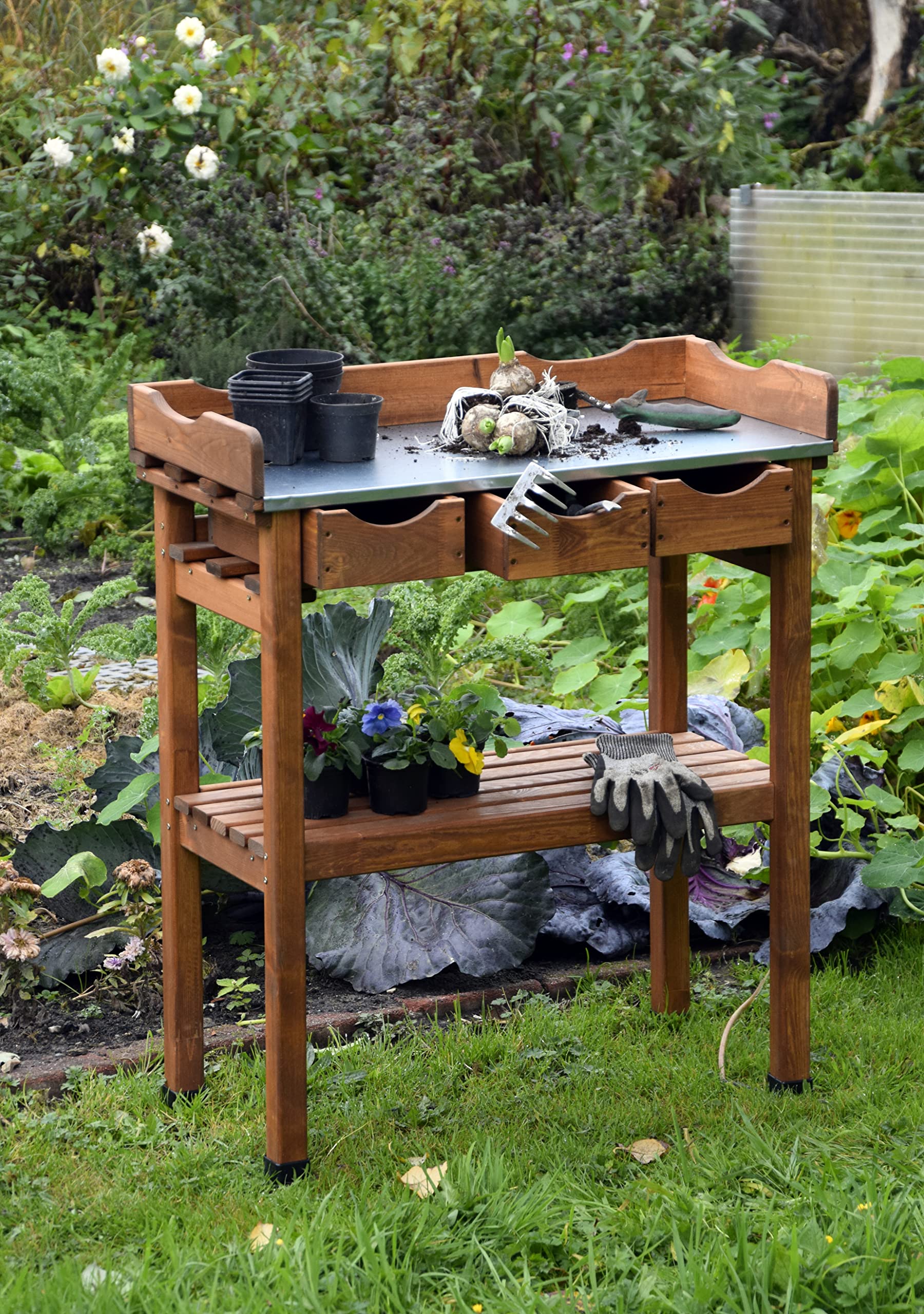 Dobar 29030e table de jardinage pratique avec 3 tiroirs et 2 tablettes de rangement en pin imprégné, 80 x 40 x 90 cm